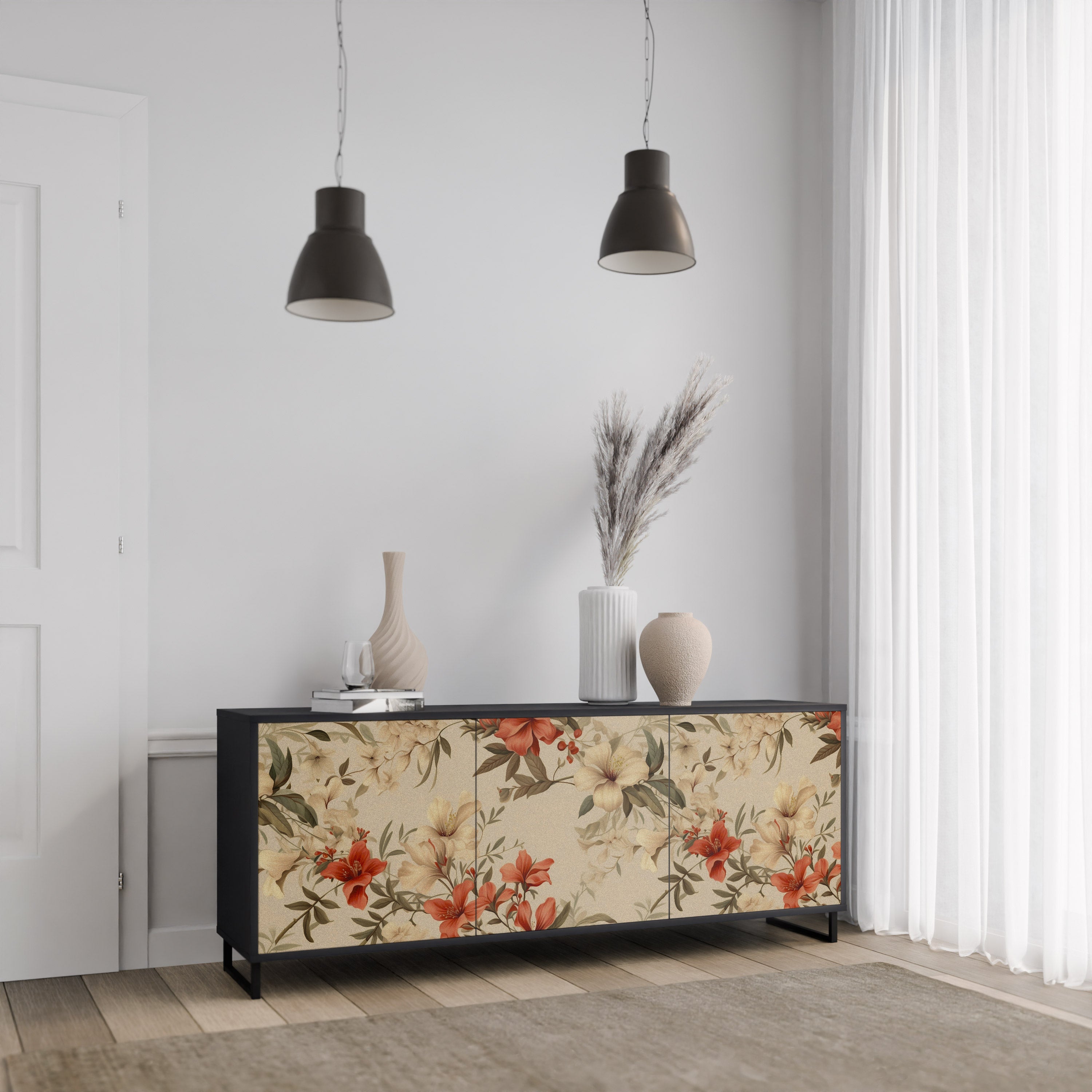 BLOOMING HARMONY 3-Door Sideboard in Black Finish