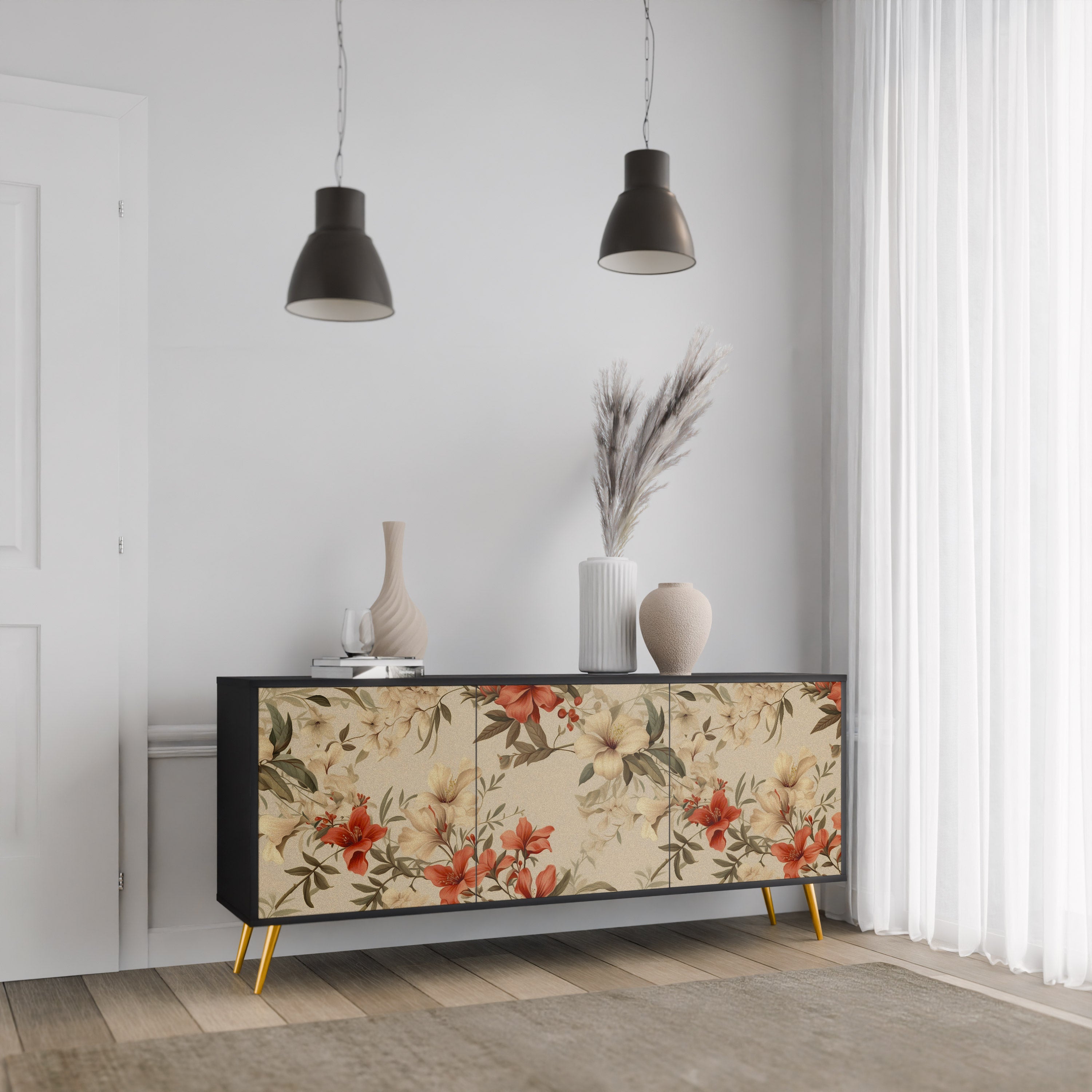 BLOOMING HARMONY 3-Door Sideboard in Black Finish