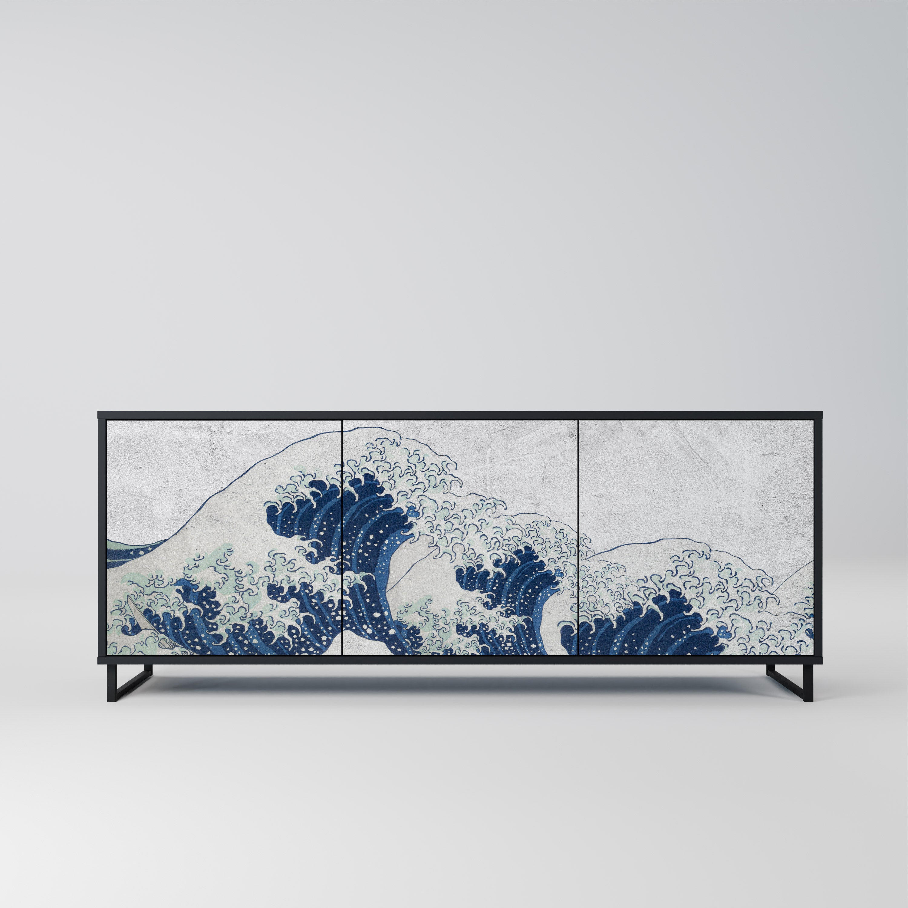 THE GREAT WAVE AT KANAGAWA 3-Door Sideboard in Black Finish