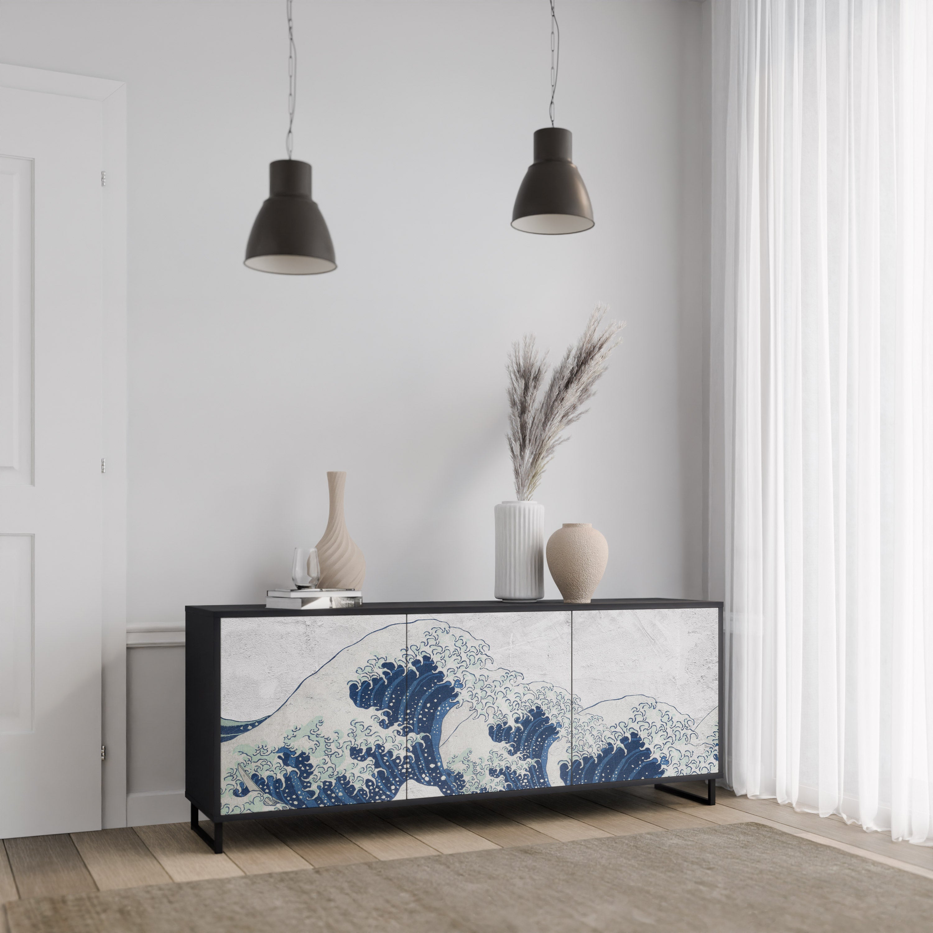 THE GREAT WAVE AT KANAGAWA 3-Door Sideboard in Black Finish