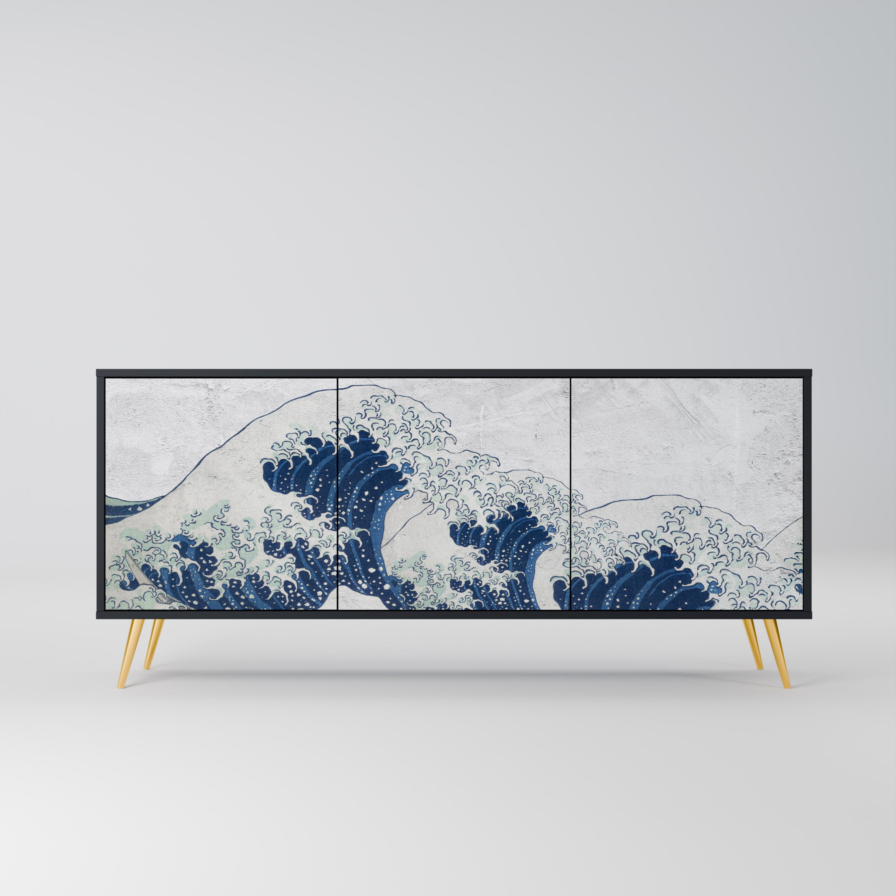 THE GREAT WAVE AT KANAGAWA 3-Door Sideboard in Black Finish