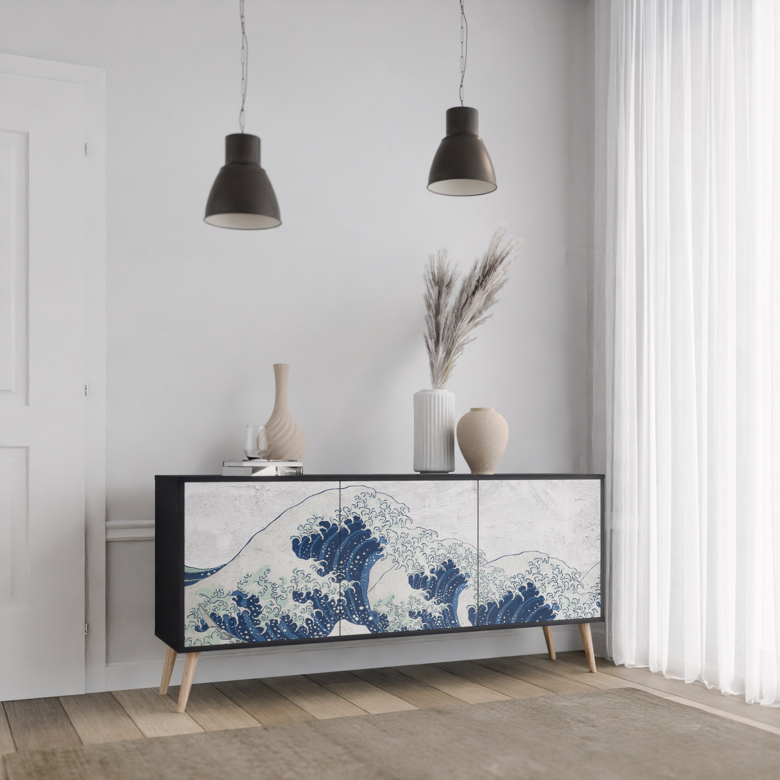 THE GREAT WAVE AT KANAGAWA 3-Door Sideboard in Black Finish