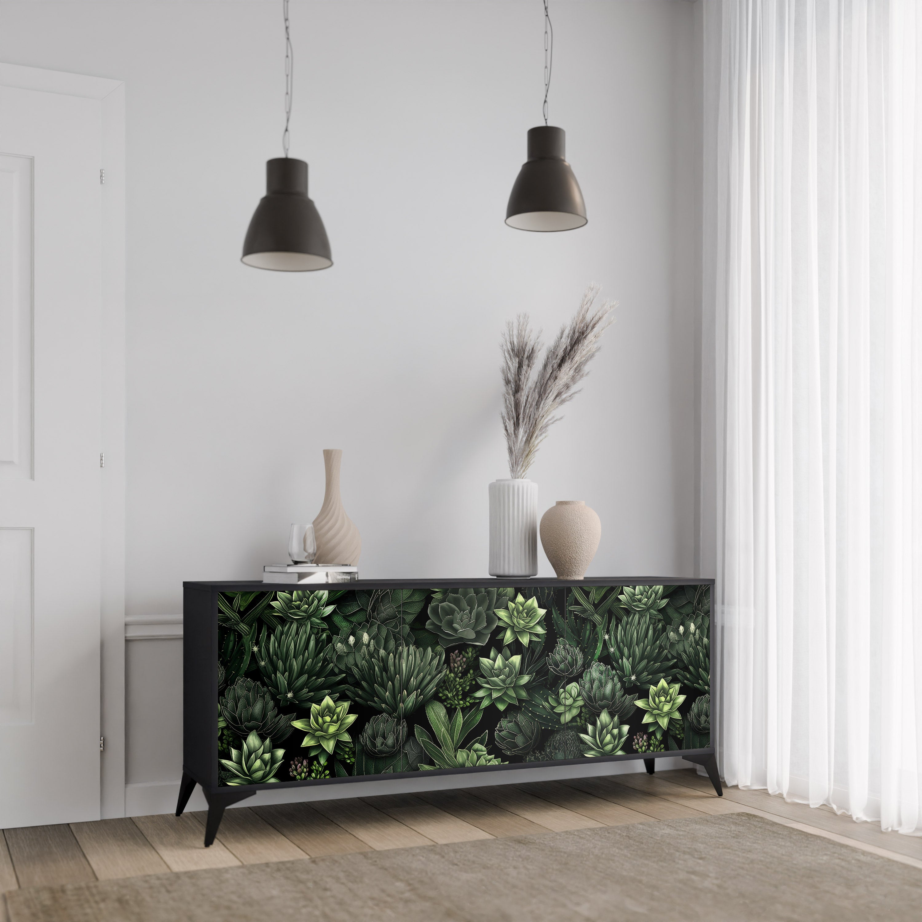 SUCCULENT JUNGLE 3-Door Sideboard in Black Finish