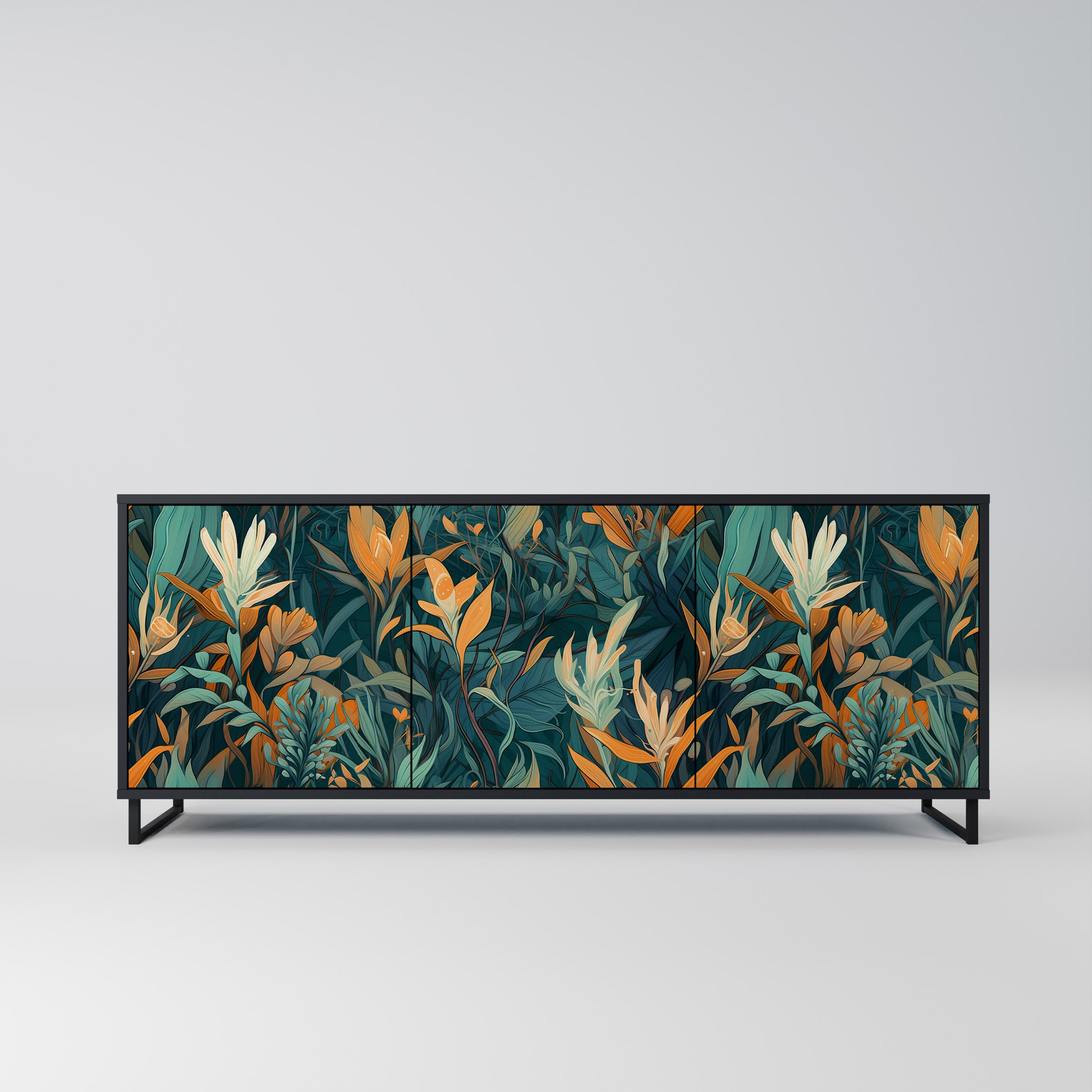 FLORAL SERENITY 3-Door Sideboard in Black Finish