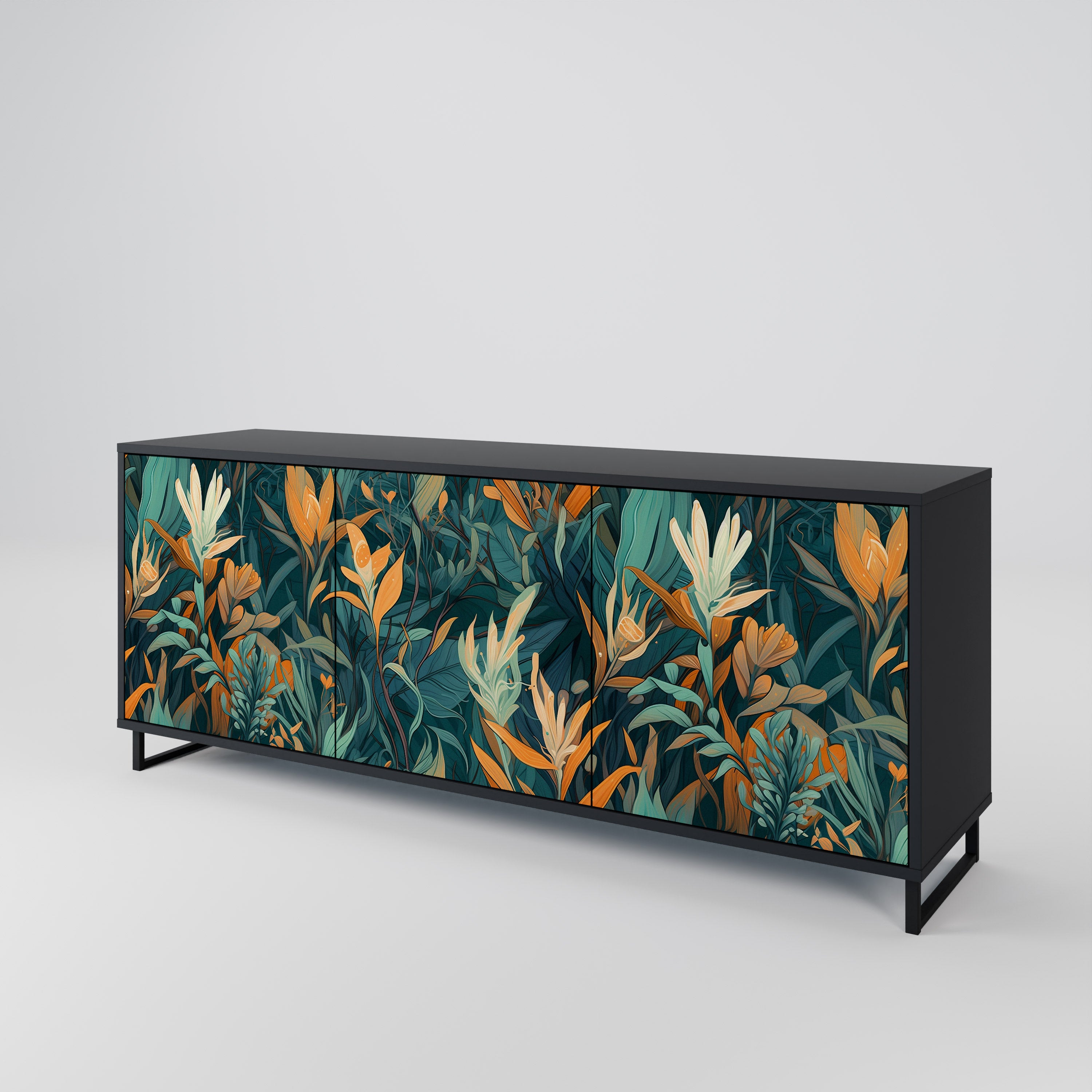 FLORAL SERENITY 3-Door Sideboard in Black Finish