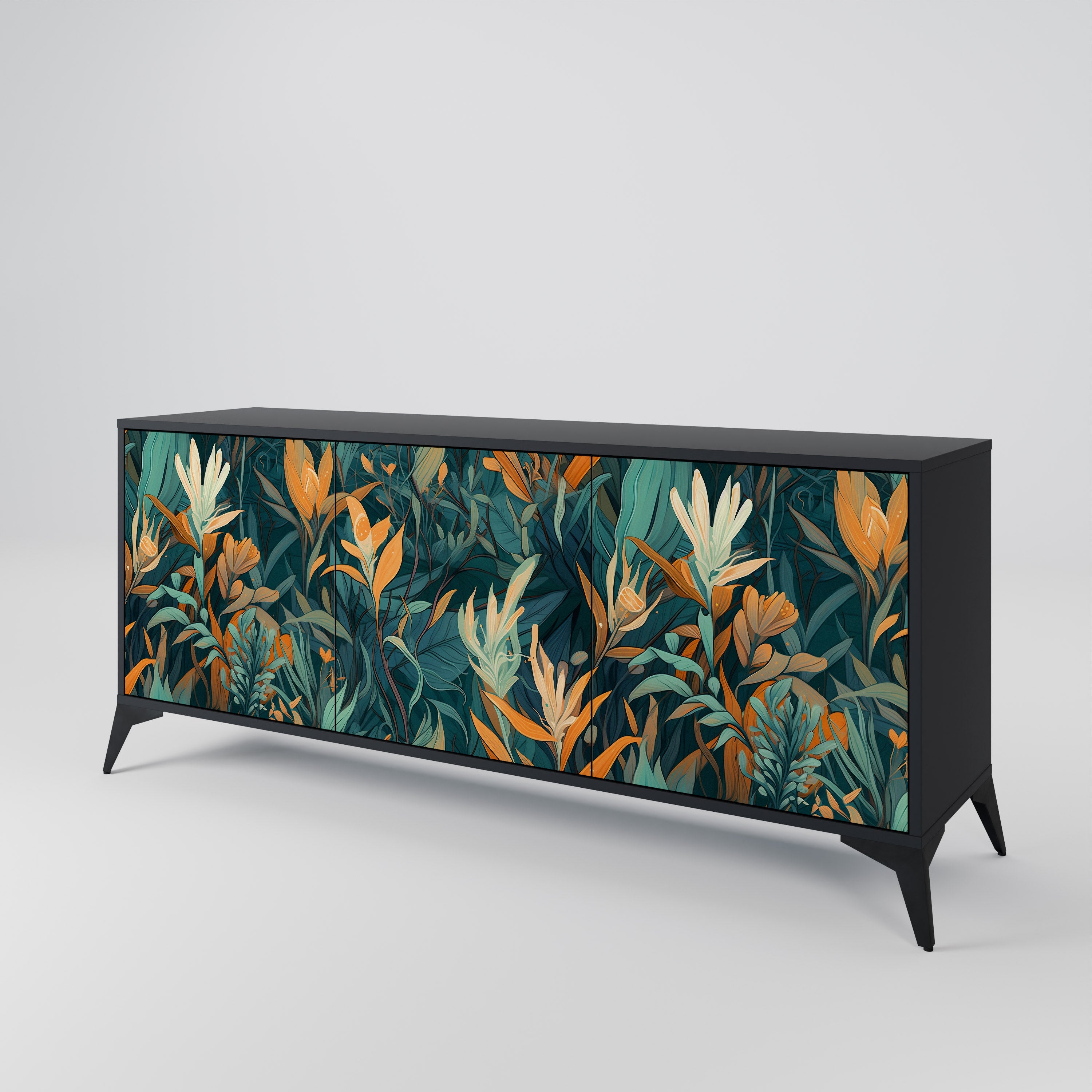 FLORAL SERENITY 3-Door Sideboard in Black Finish