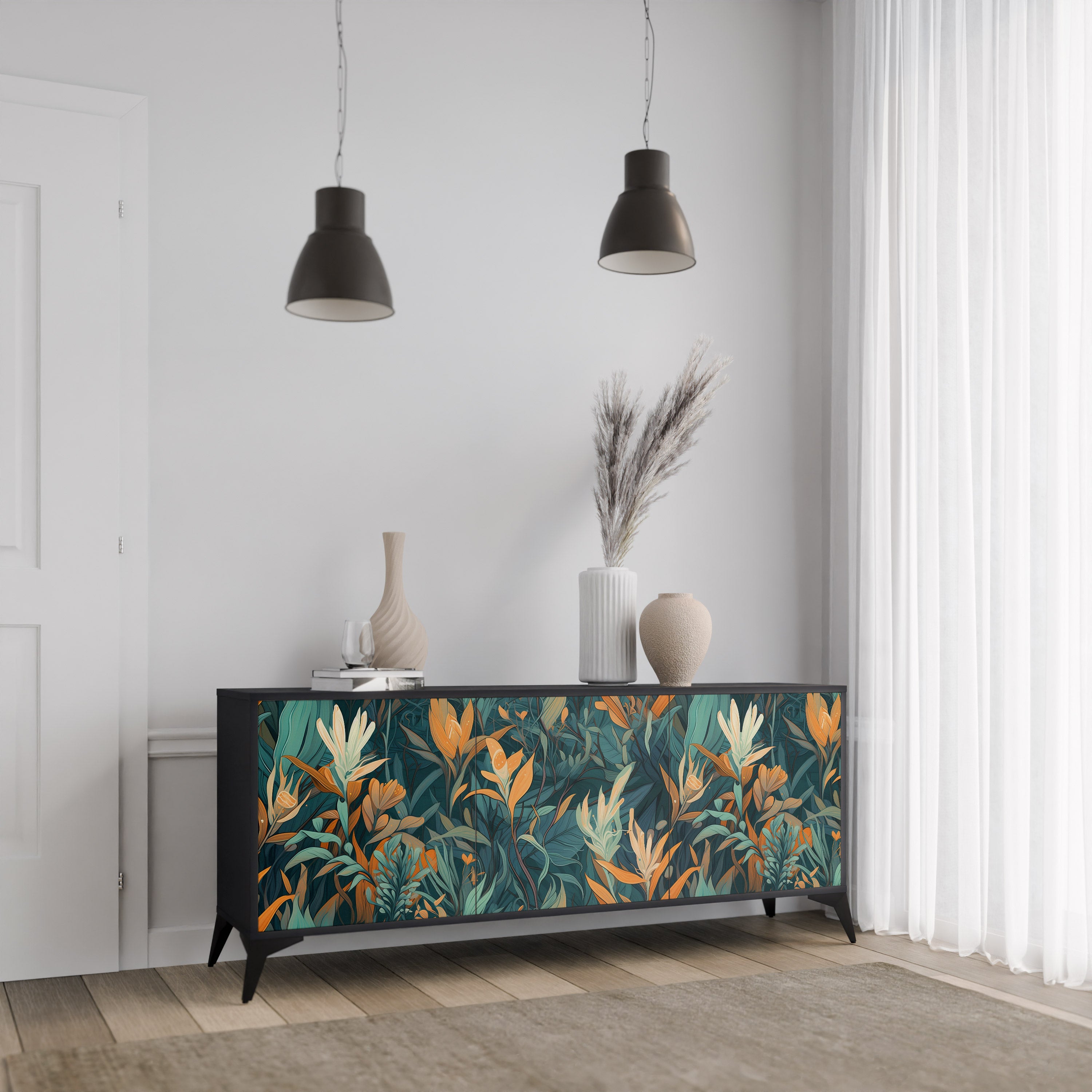 FLORAL SERENITY 3-Door Sideboard in Black Finish