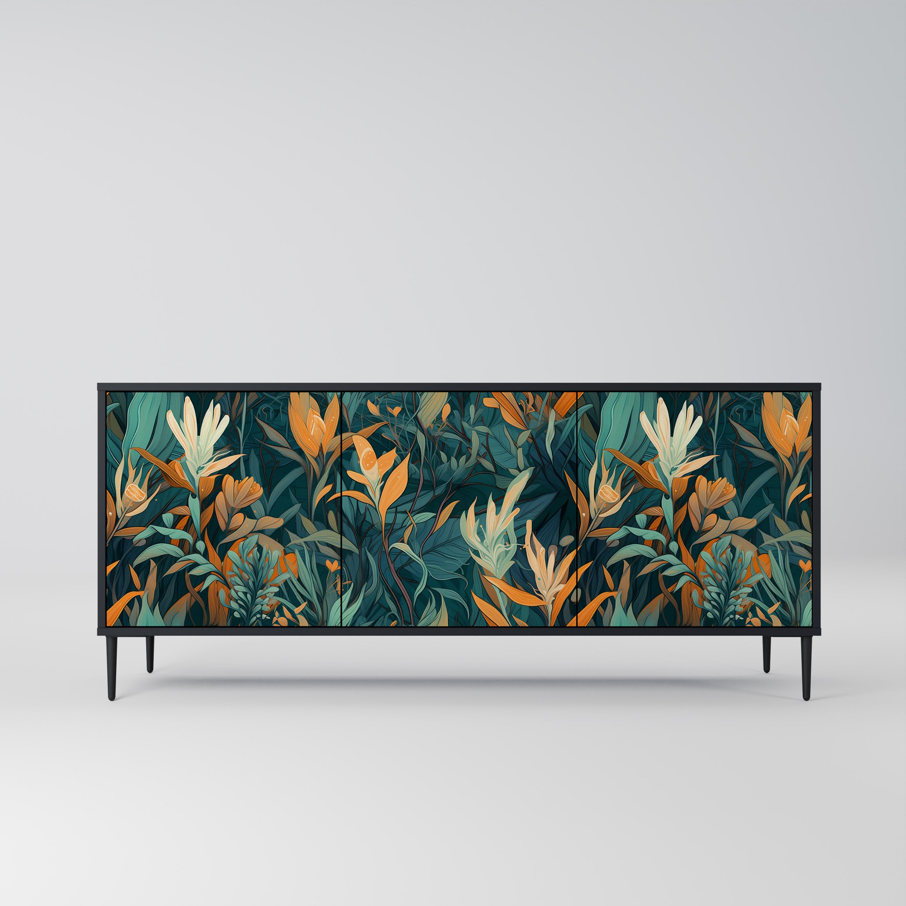 FLORAL SERENITY 3-Door Sideboard in Black Finish