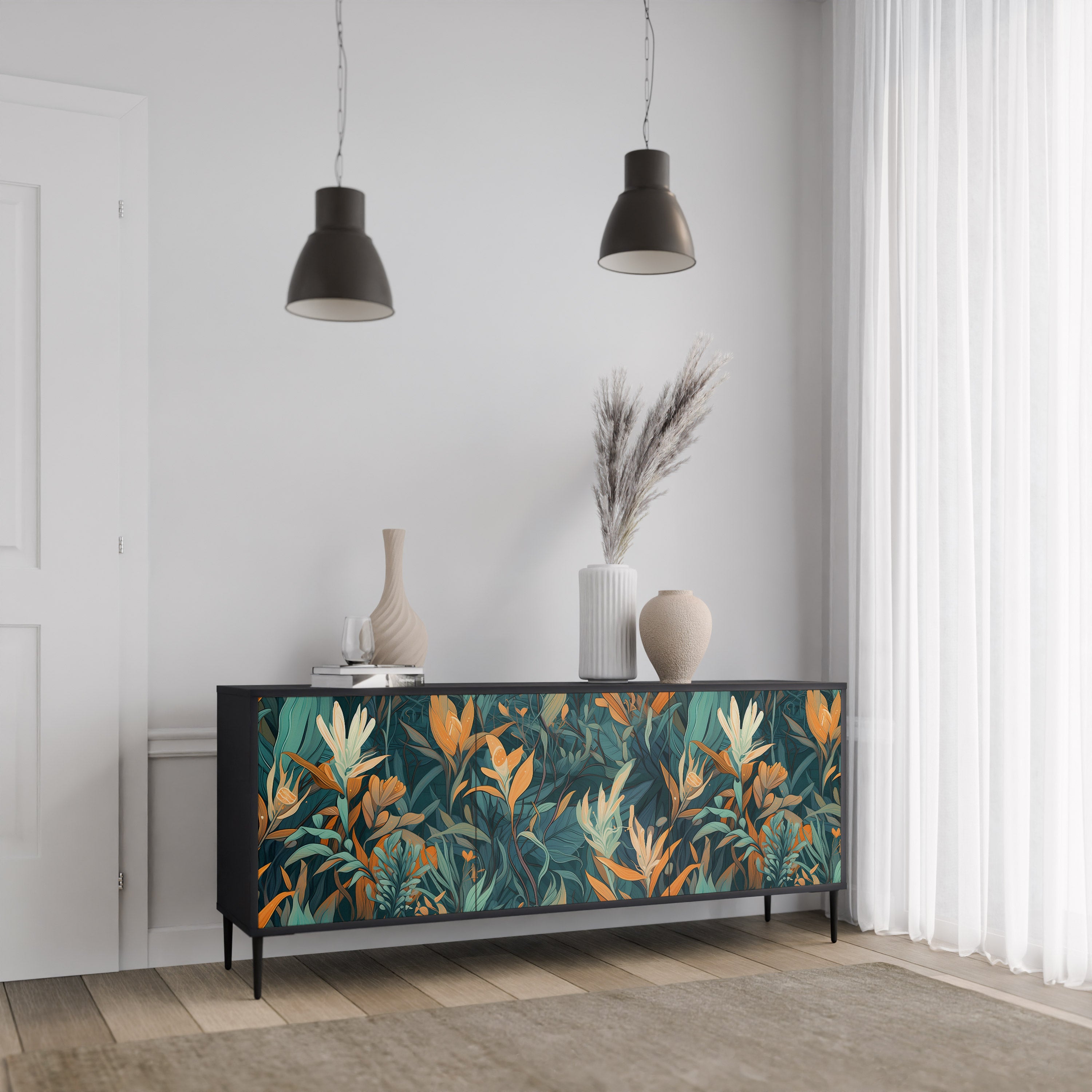 FLORAL SERENITY 3-Door Sideboard in Black Finish