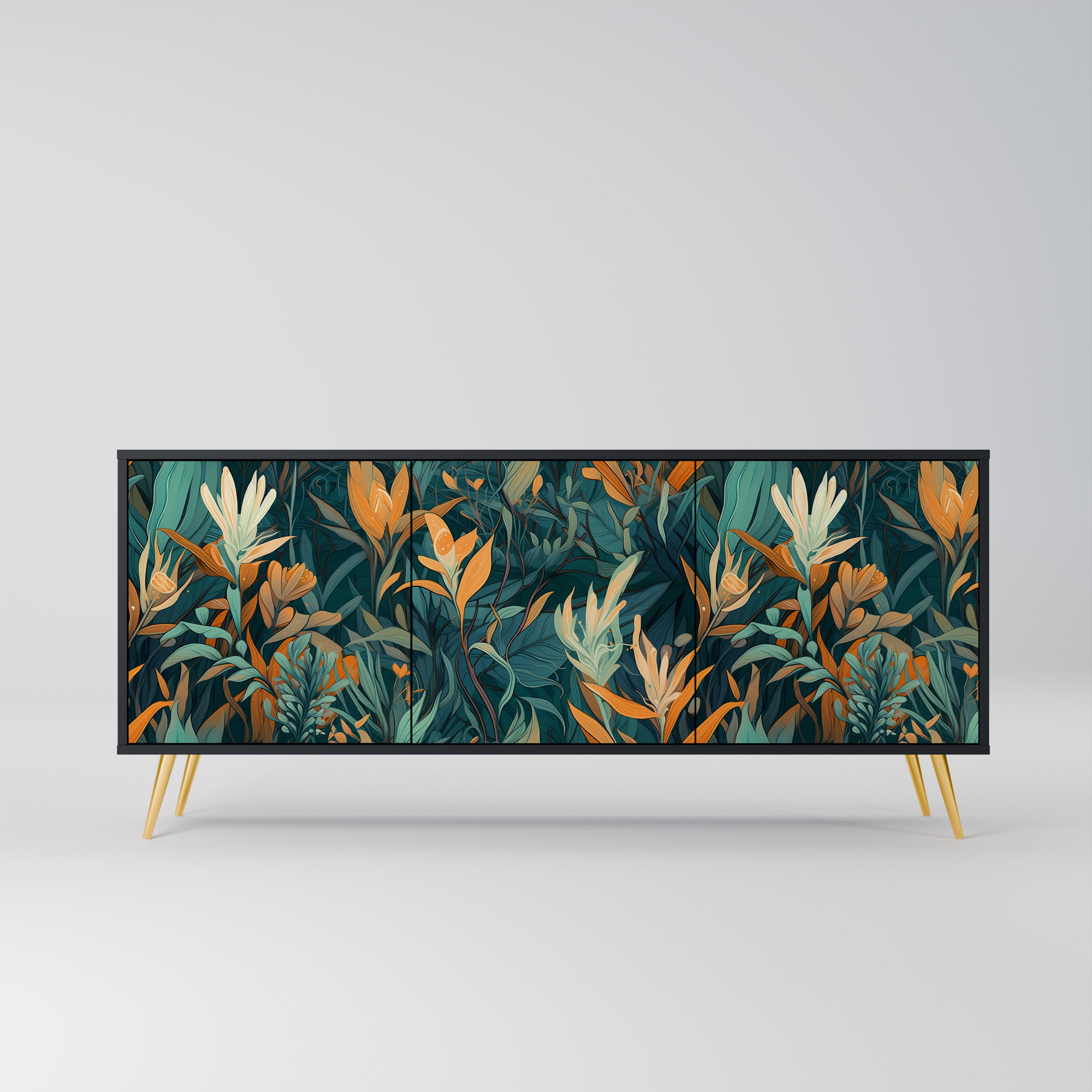 FLORAL SERENITY 3-Door Sideboard in Black Finish