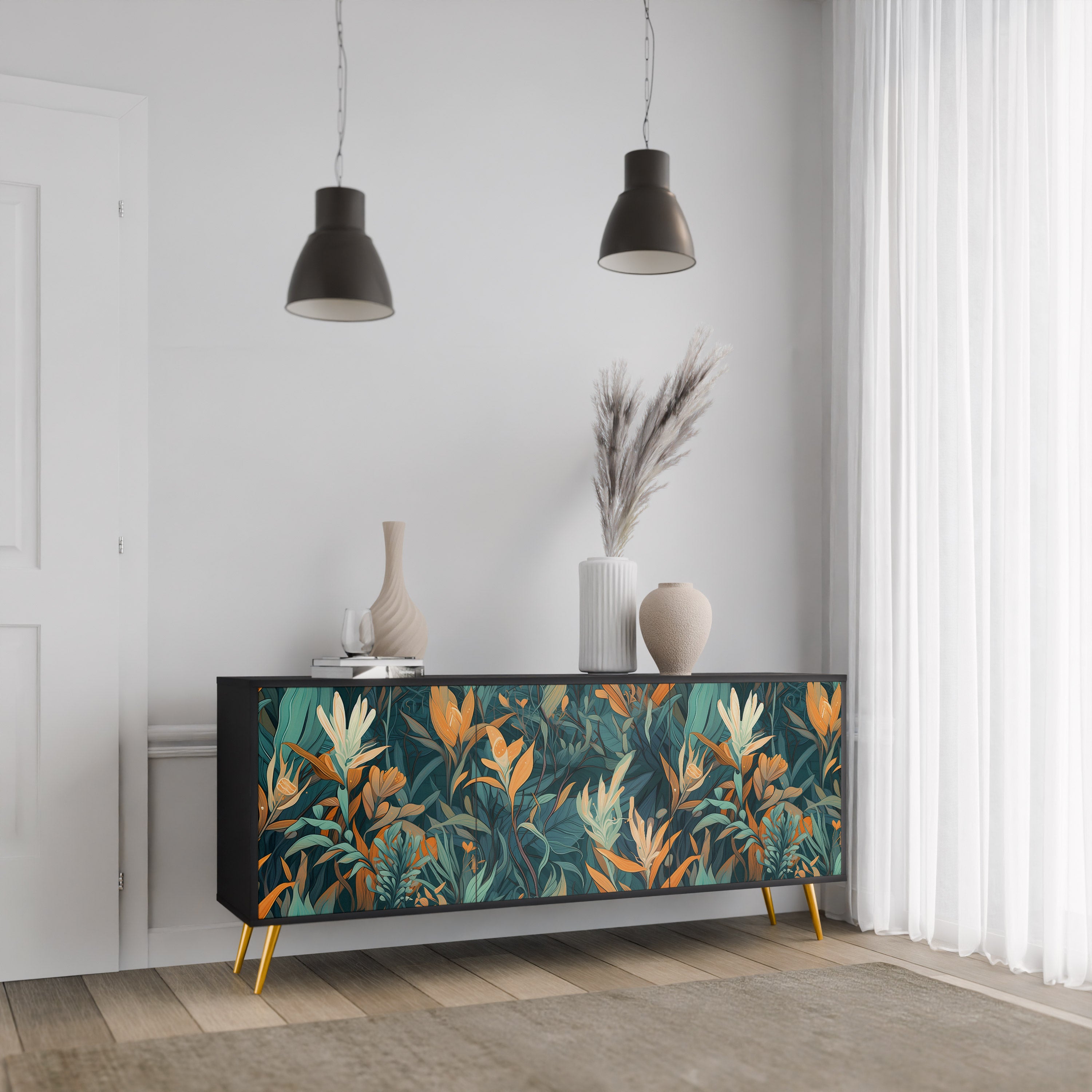 FLORAL SERENITY 3-Door Sideboard in Black Finish