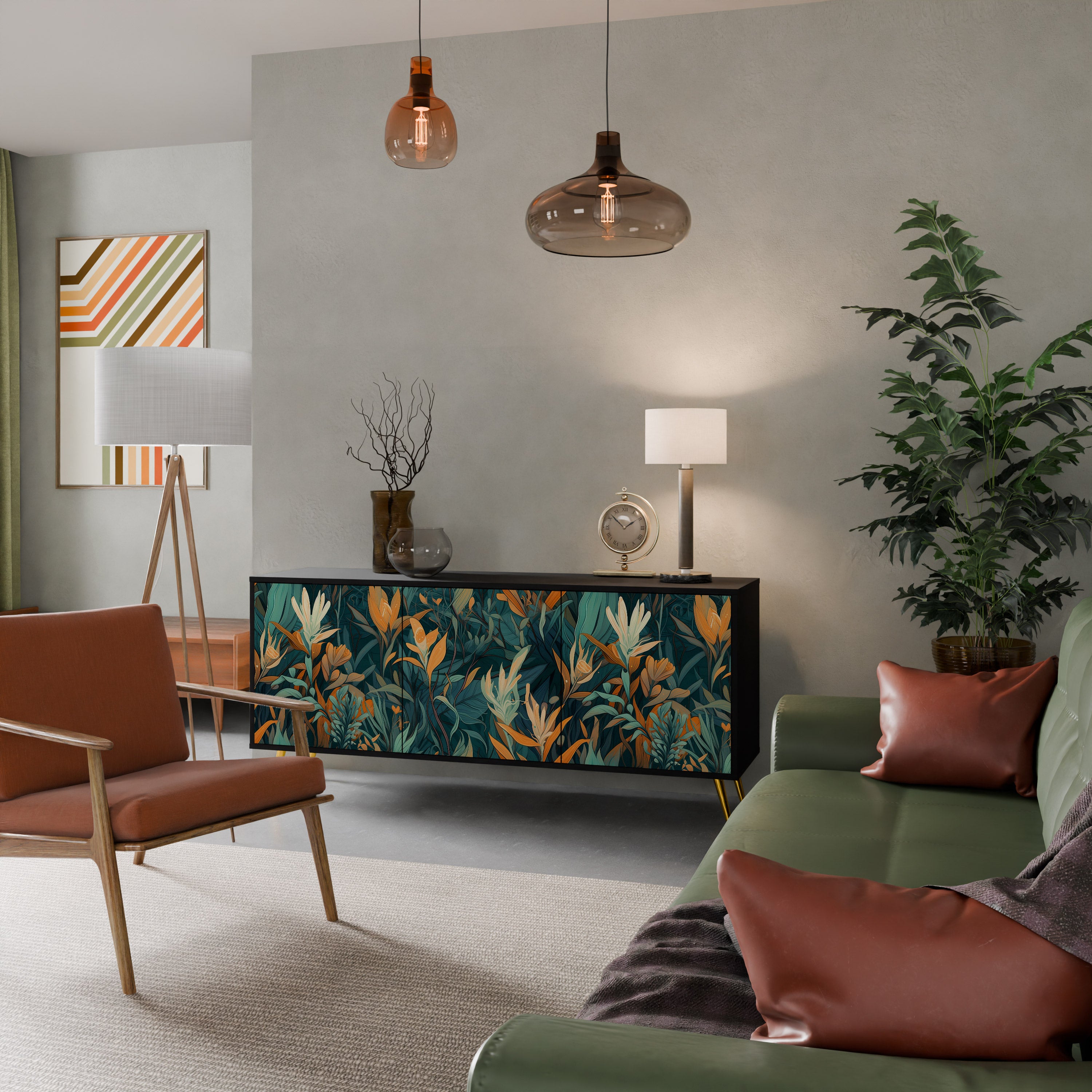 FLORAL SERENITY 3-Door Sideboard in Black Finish