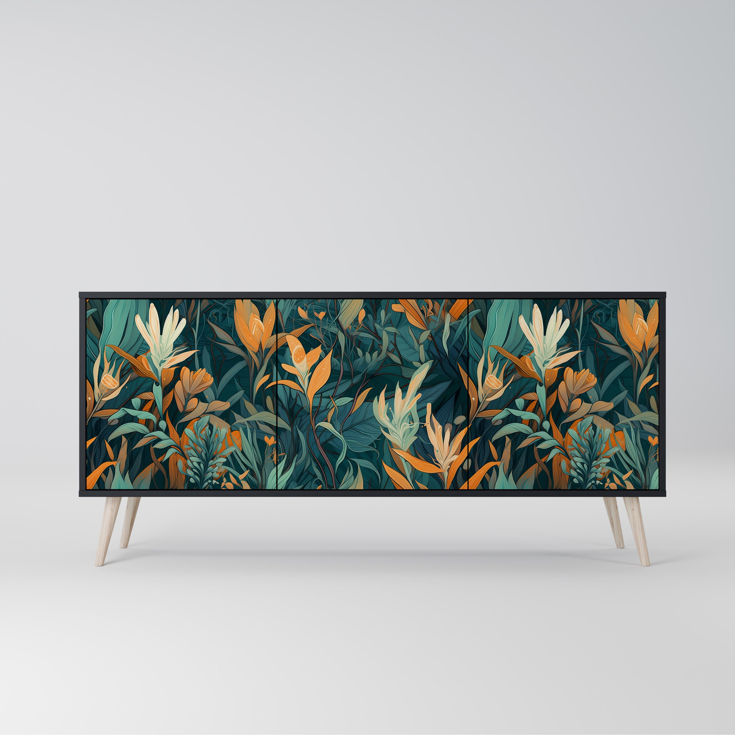 FLORAL SERENITY 3-Door Sideboard in Black Finish
