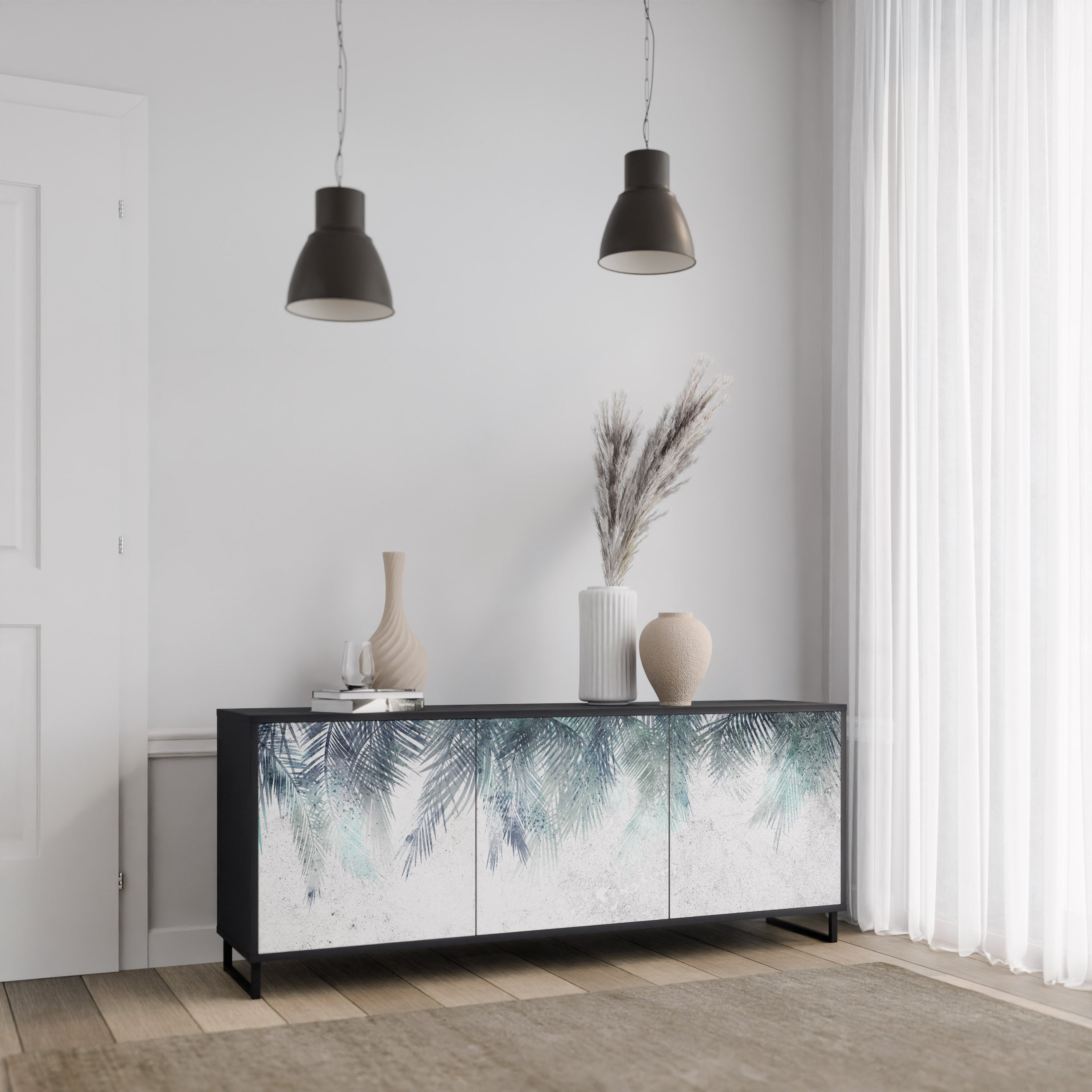 PALM VEIL 3-Door Sideboard in Black Finish