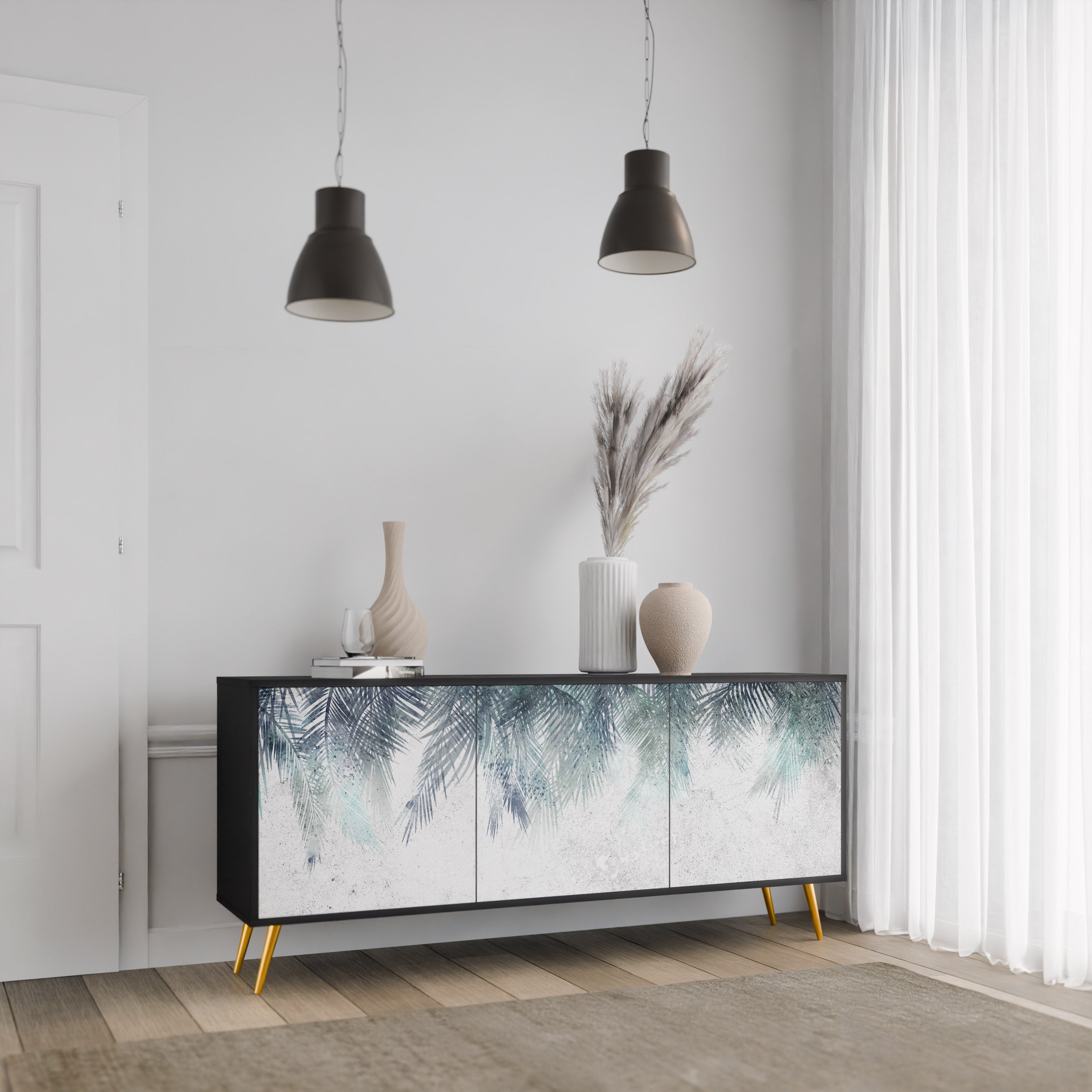 PALM VEIL 3-Door Sideboard in Black Finish