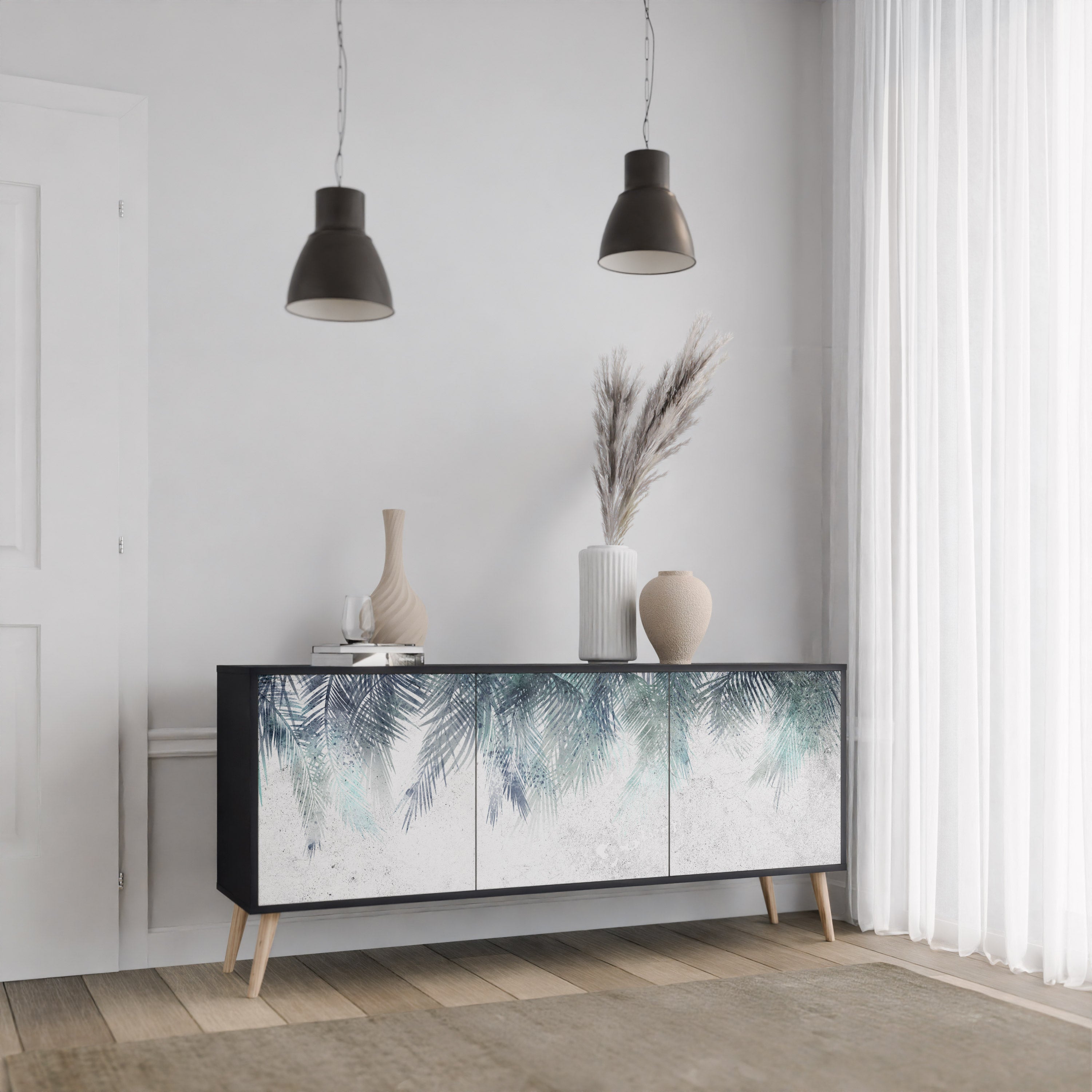PALM VEIL 3-Door Sideboard in Black Finish