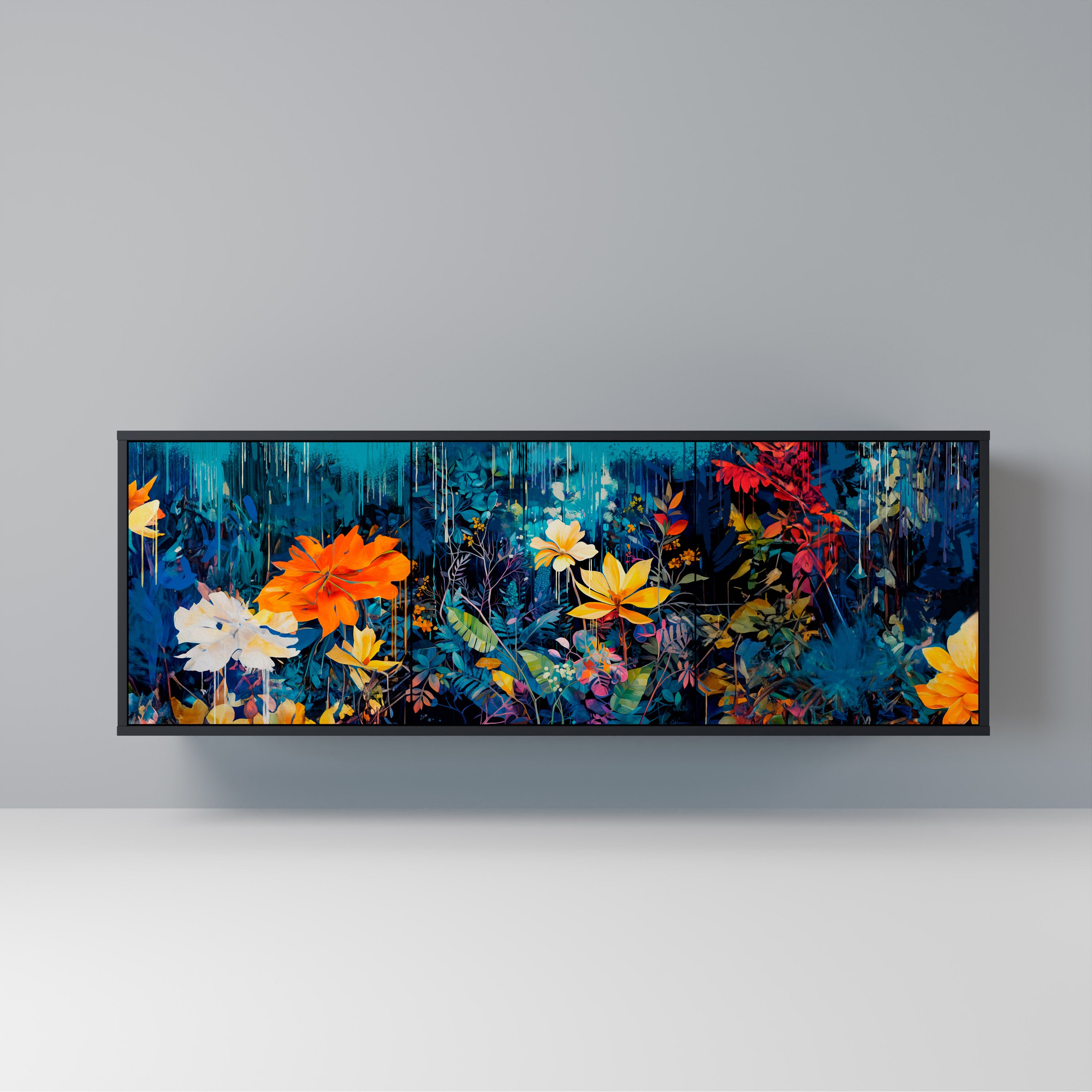 MIDNIGHT BLOSSOM 3-Door Sideboard in Black Finish