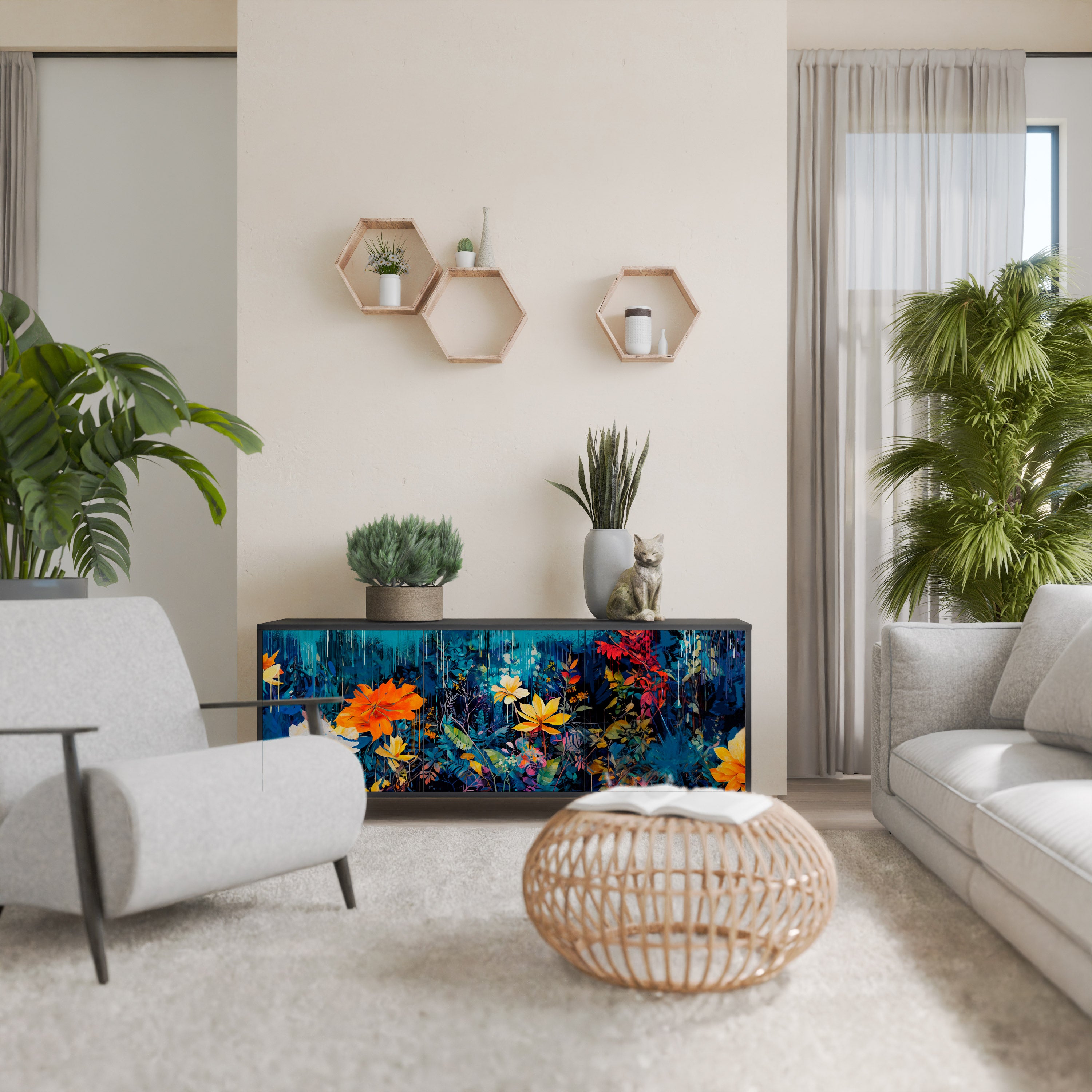 MIDNIGHT BLOSSOM 3-Door Sideboard in Black Finish