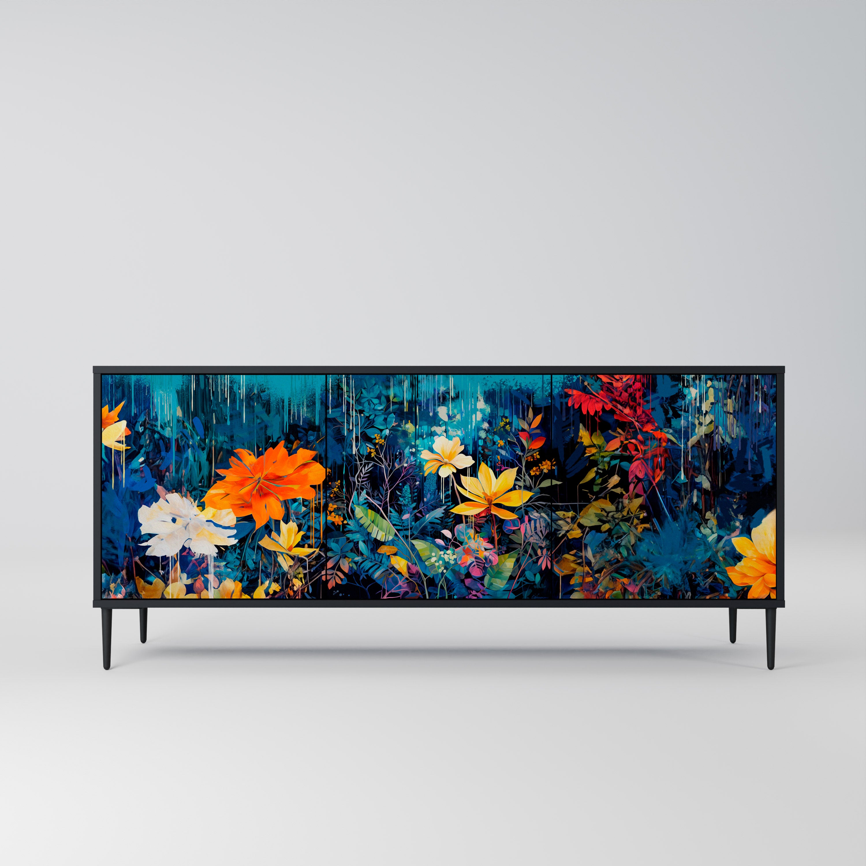 MIDNIGHT BLOSSOM 3-Door Sideboard in Black Finish