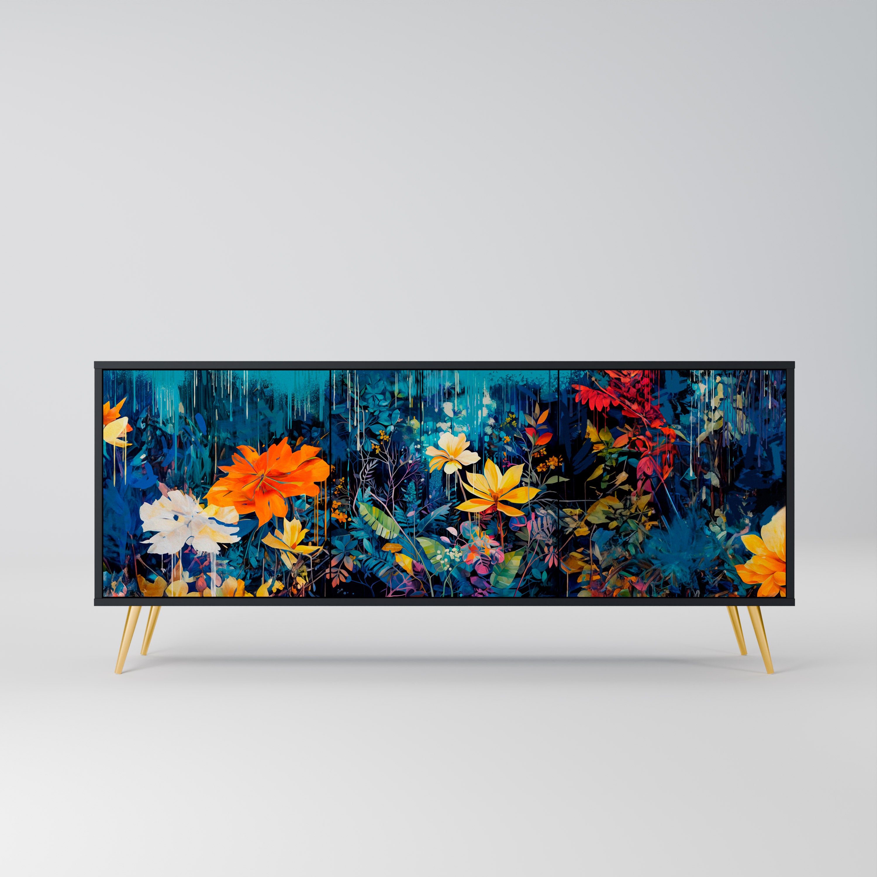 MIDNIGHT BLOSSOM 3-Door Sideboard in Black Finish