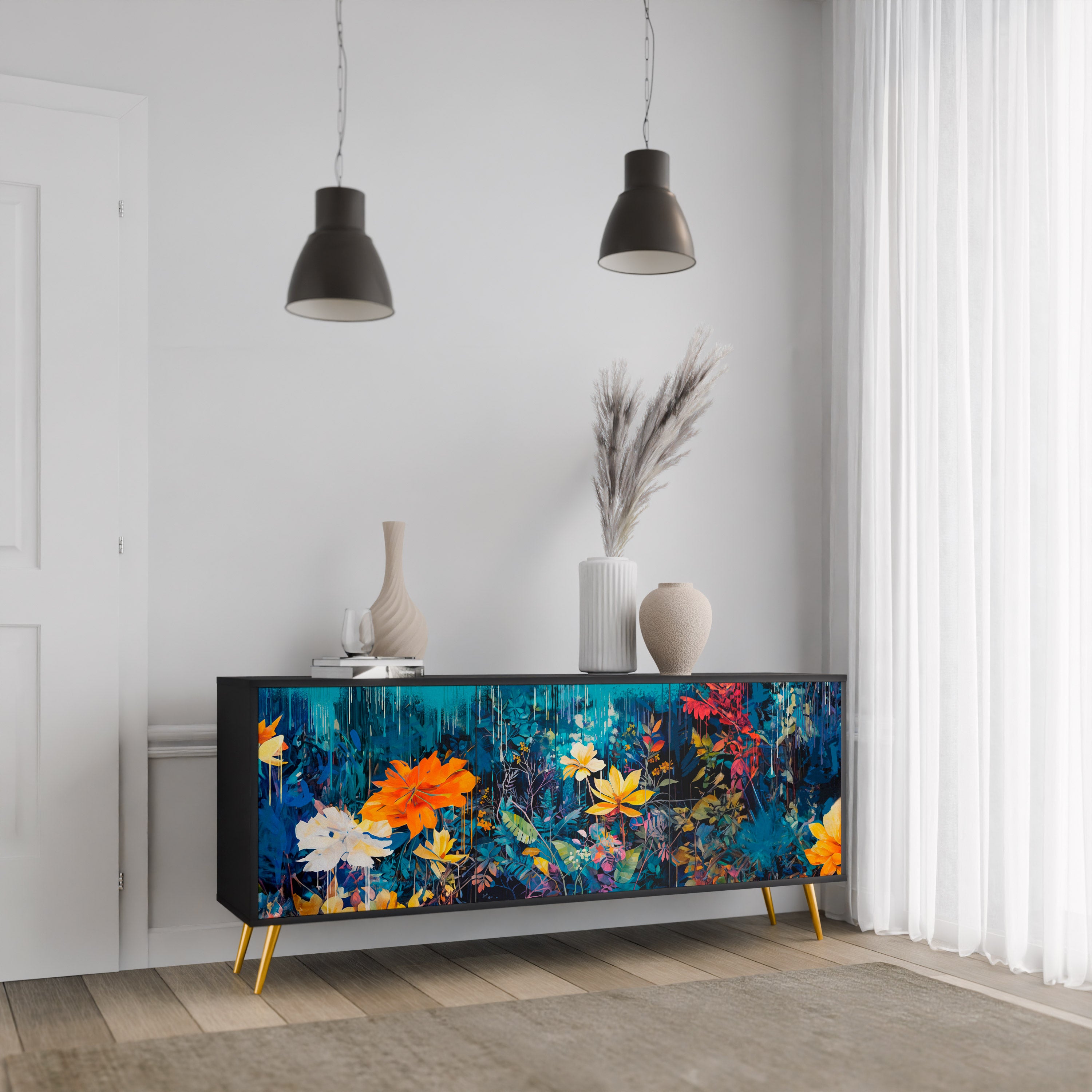MIDNIGHT BLOSSOM 3-Door Sideboard in Black Finish
