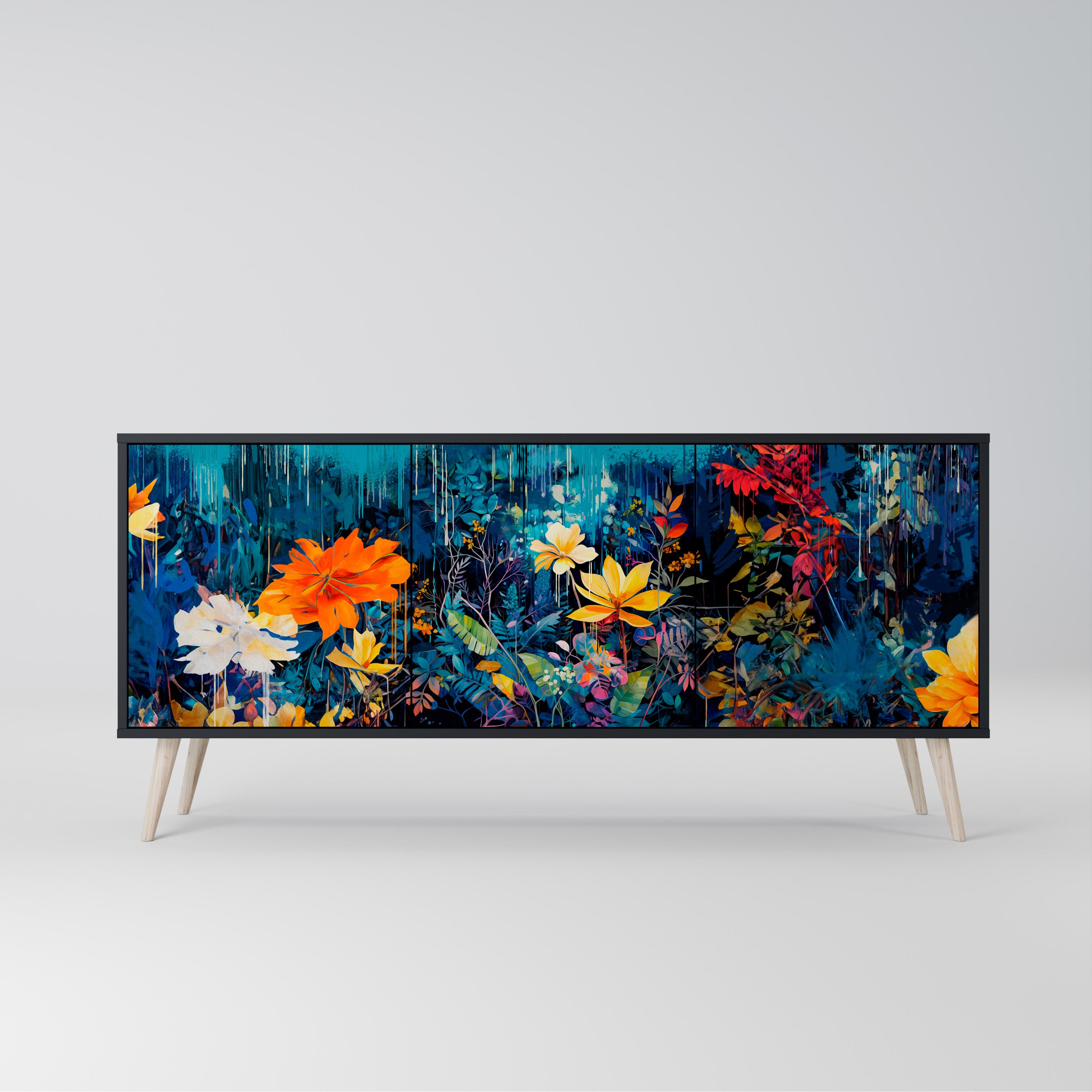 MIDNIGHT BLOSSOM 3-Door Sideboard in Black Finish