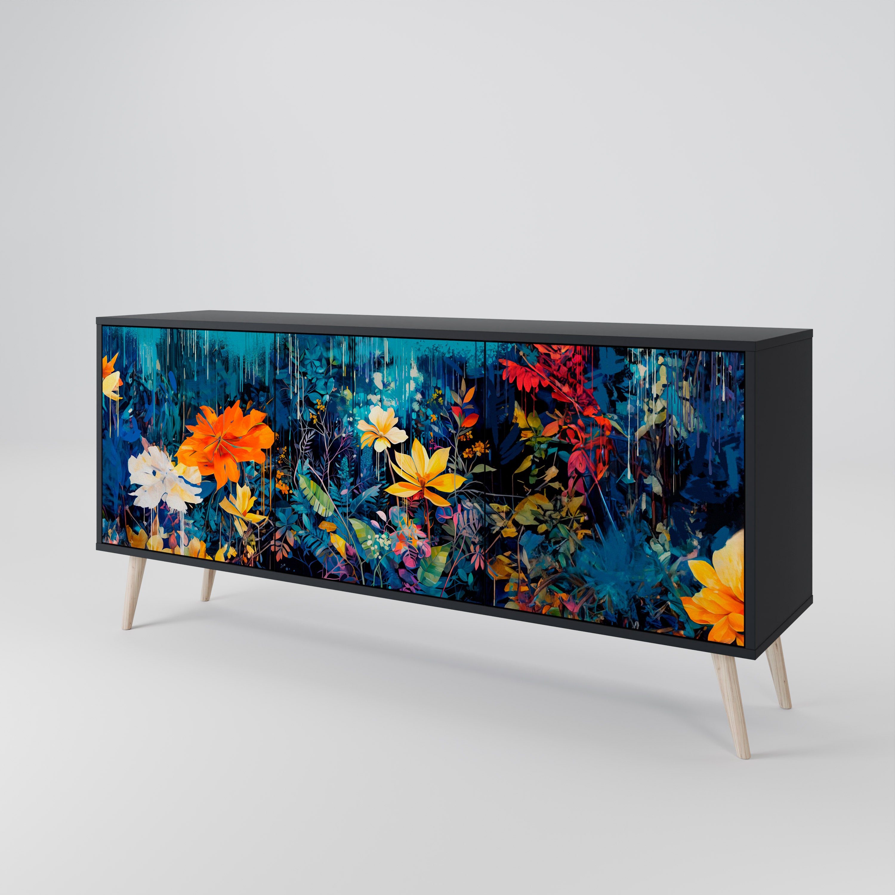 MIDNIGHT BLOSSOM 3-Door Sideboard in Black Finish