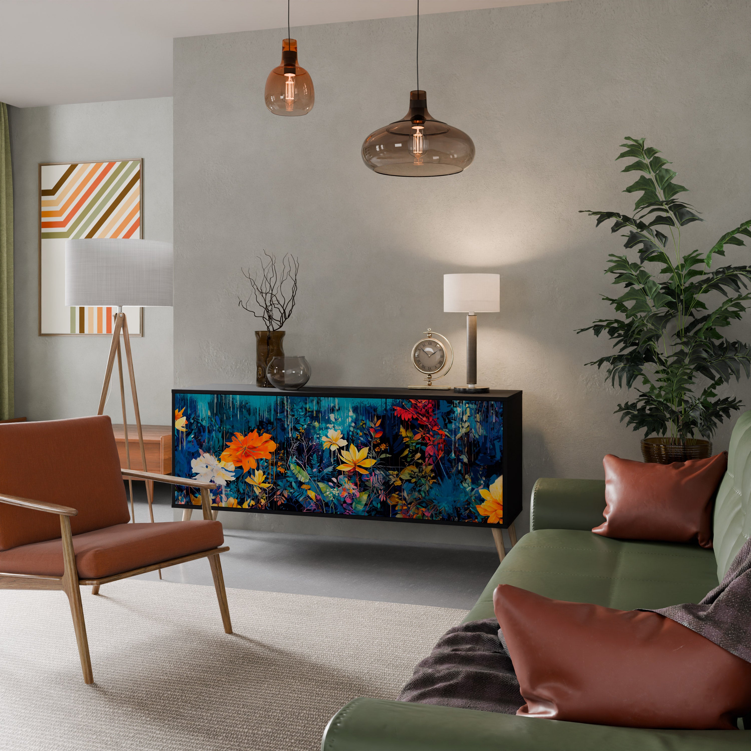 MIDNIGHT BLOSSOM 3-Door Sideboard in Black Finish