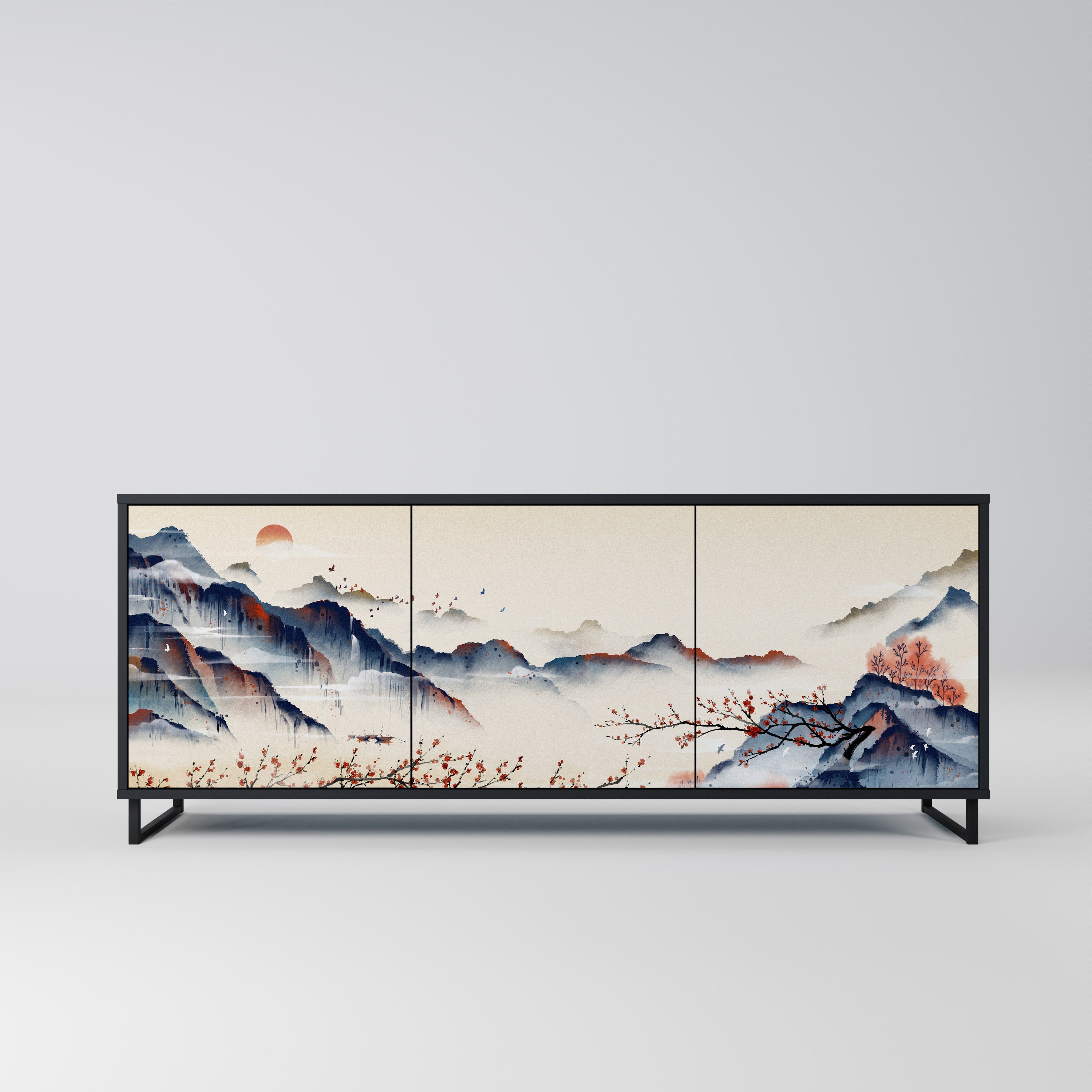 JAPANESE LANDSCAPE 3-Door Sideboard in Black Finish
