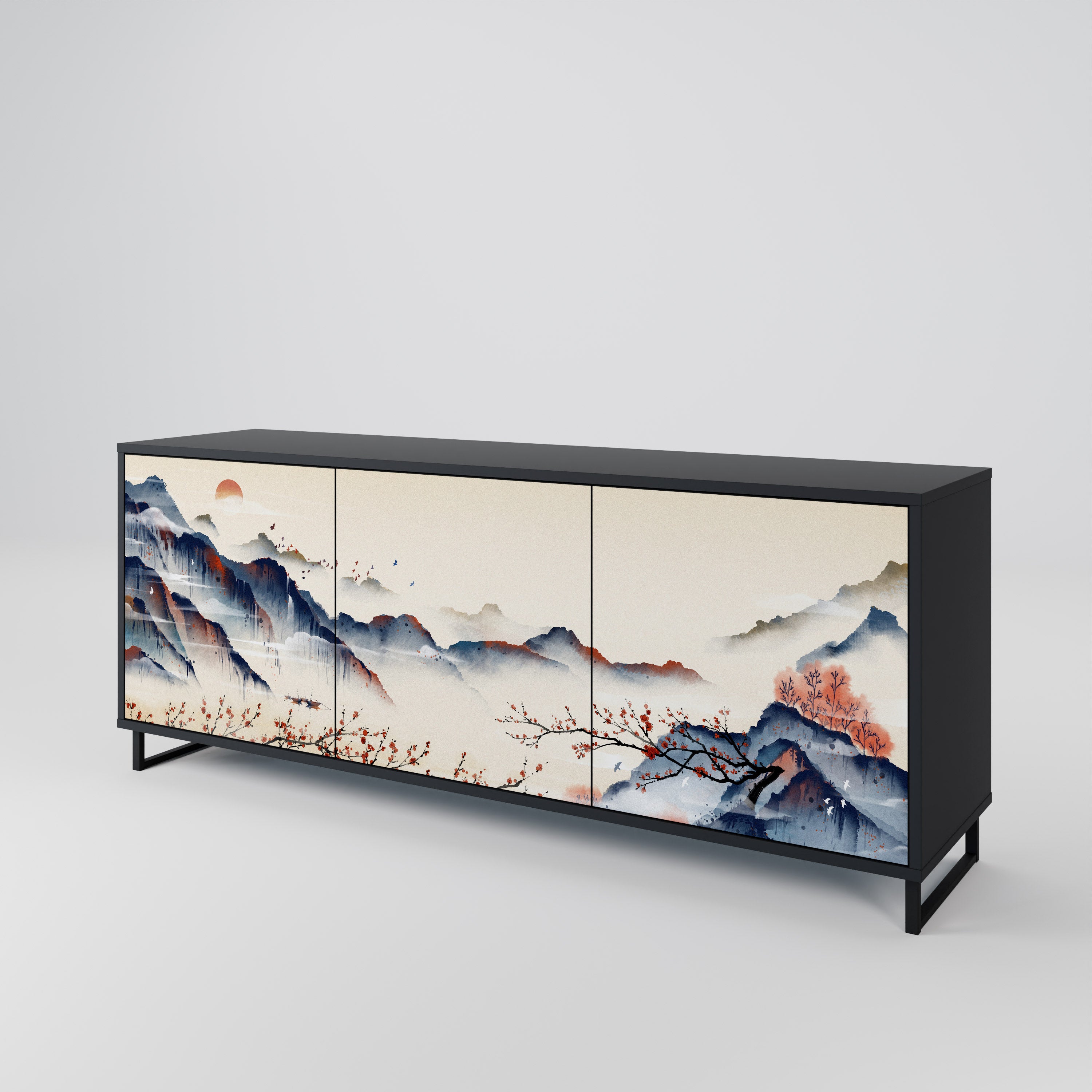 JAPANESE LANDSCAPE 3-Door Sideboard in Black Finish