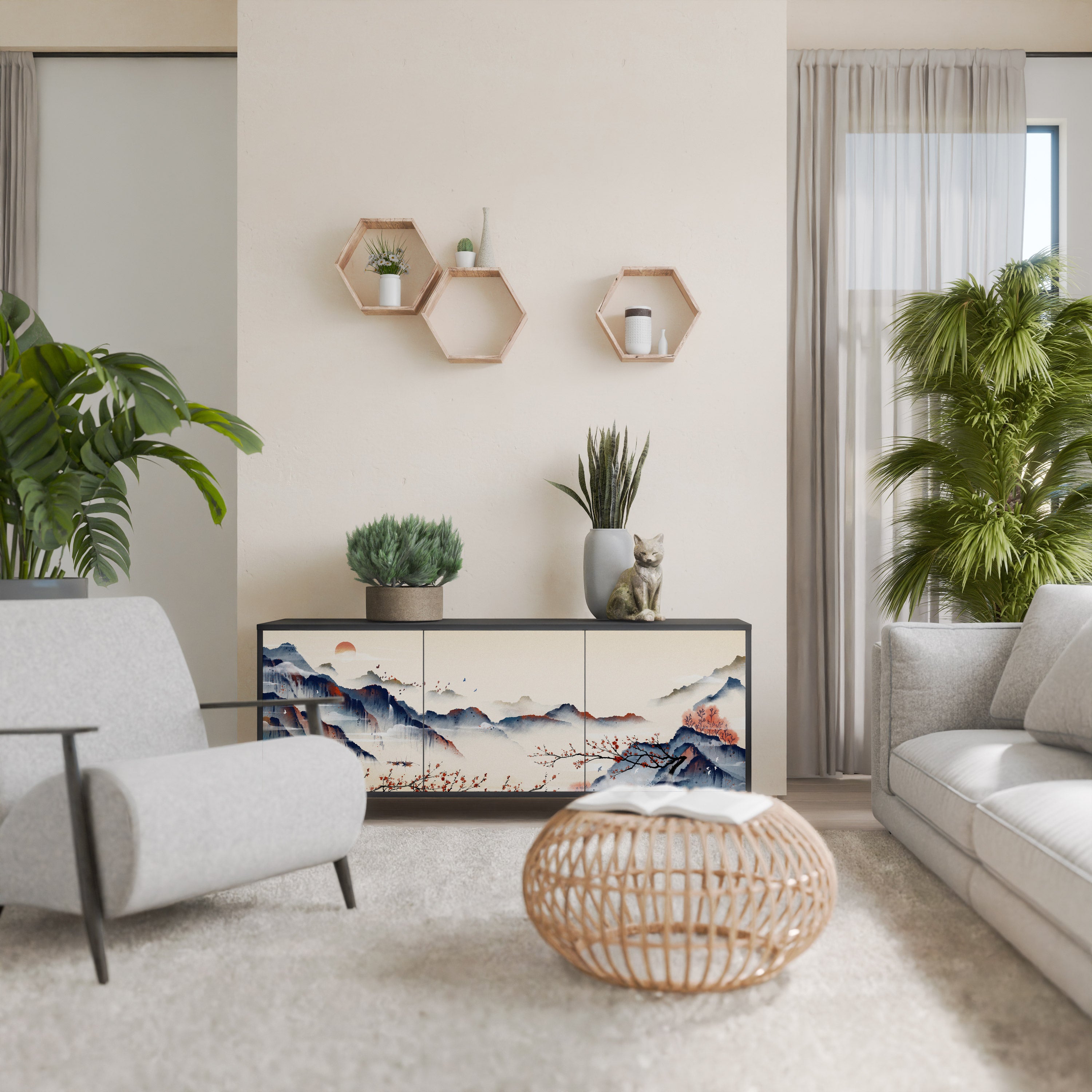 JAPANESE LANDSCAPE 3-Door Sideboard in Black Finish