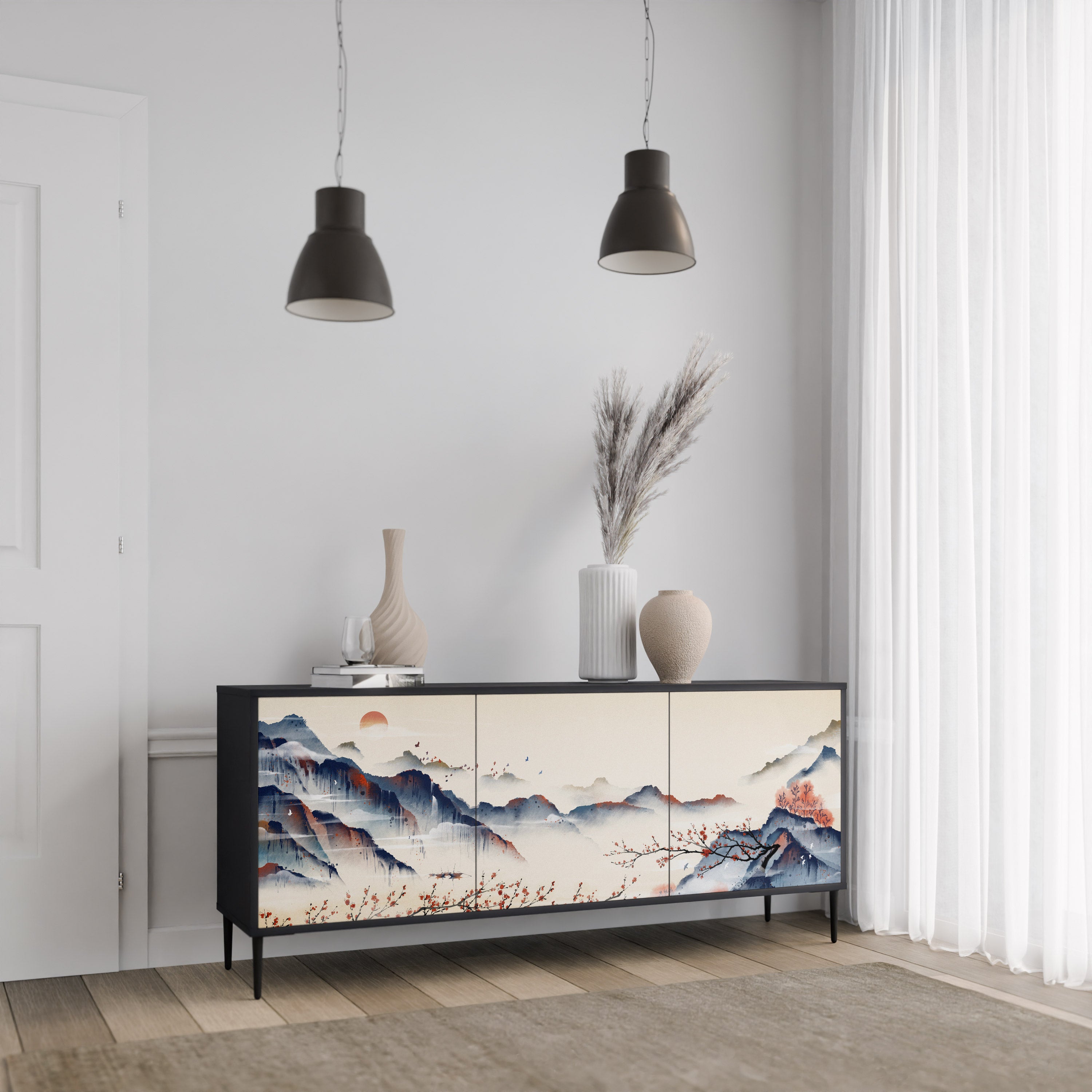 JAPANESE LANDSCAPE 3-Door Sideboard in Black Finish