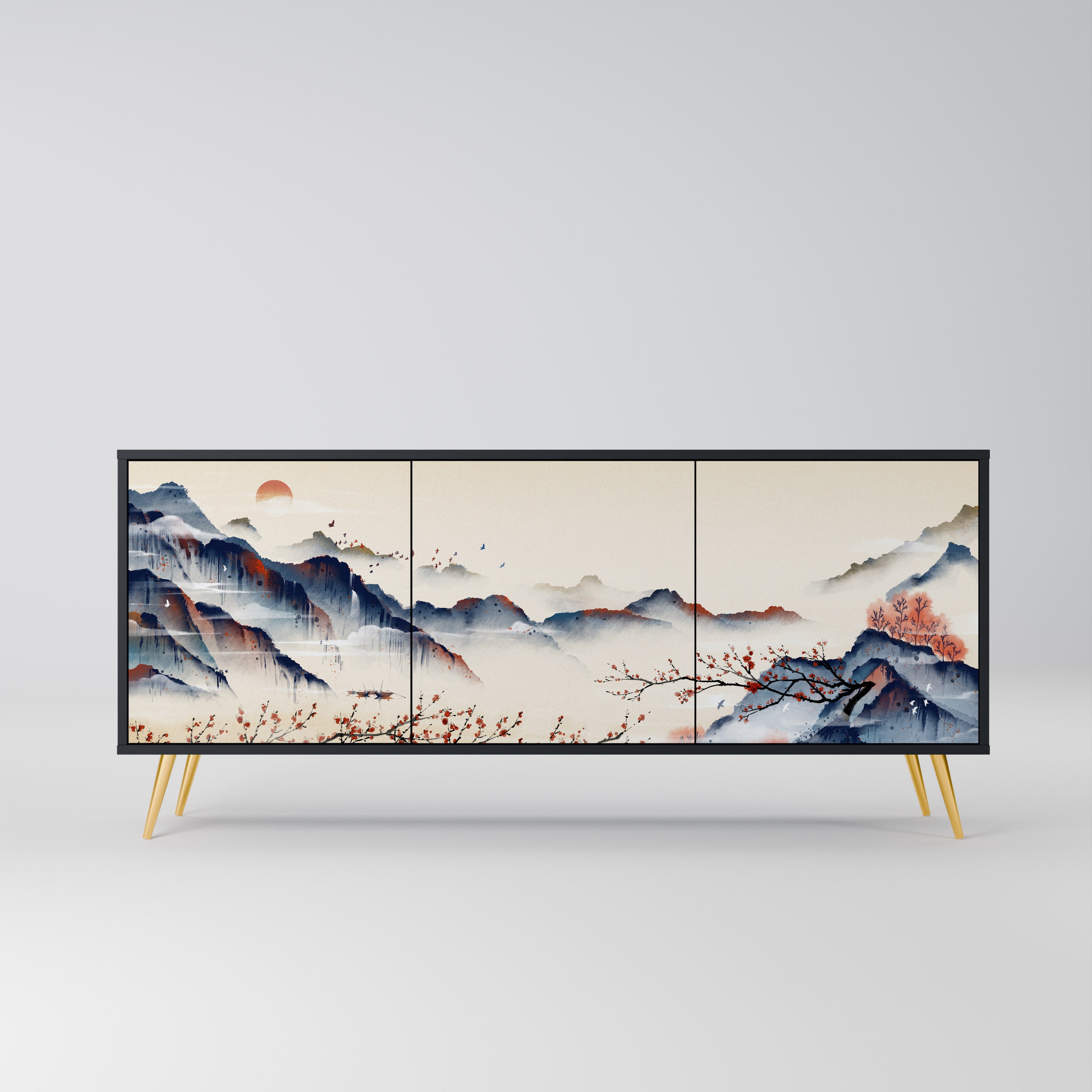 JAPANESE LANDSCAPE 3-Door Sideboard in Black Finish