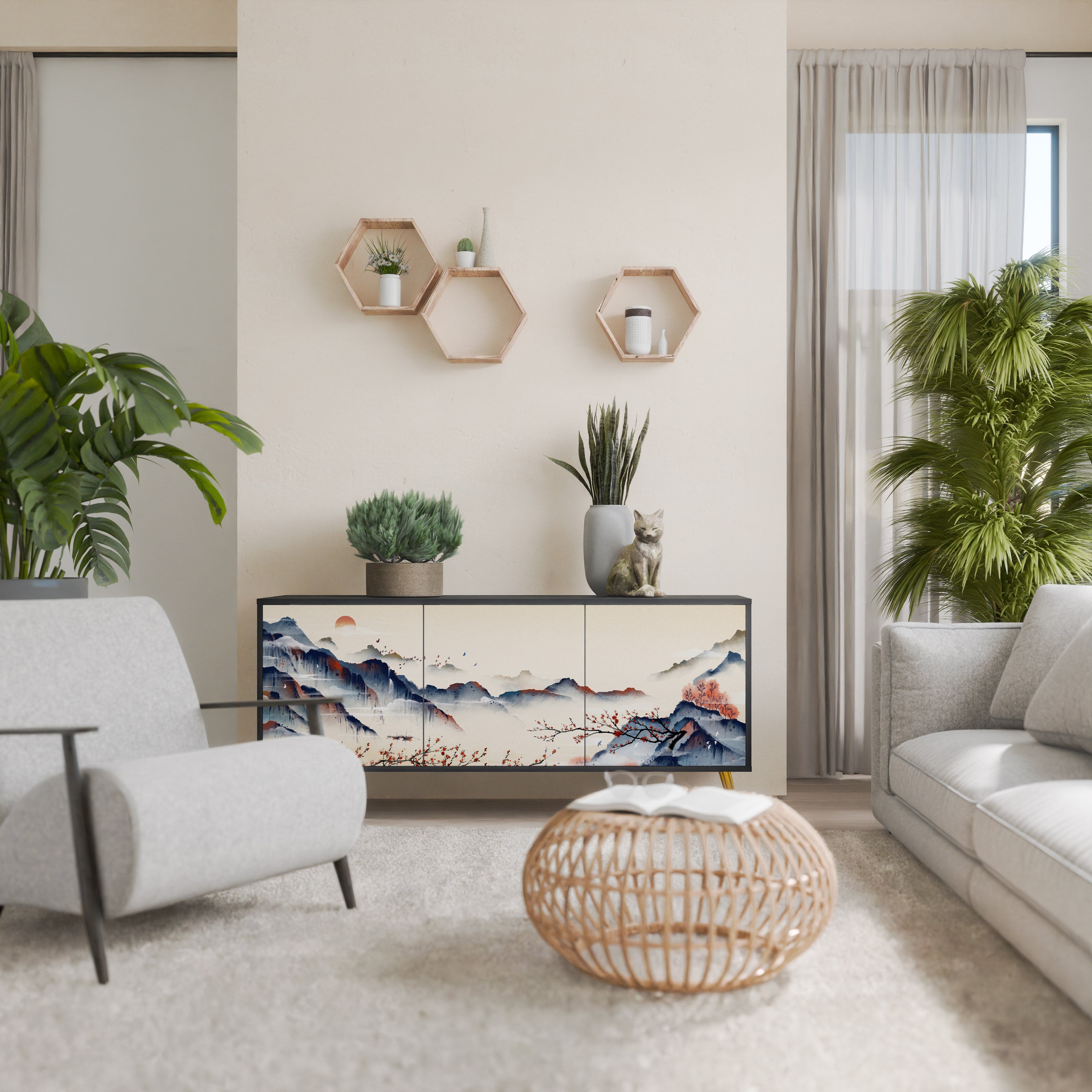 JAPANESE LANDSCAPE 3-Door Sideboard in Black Finish