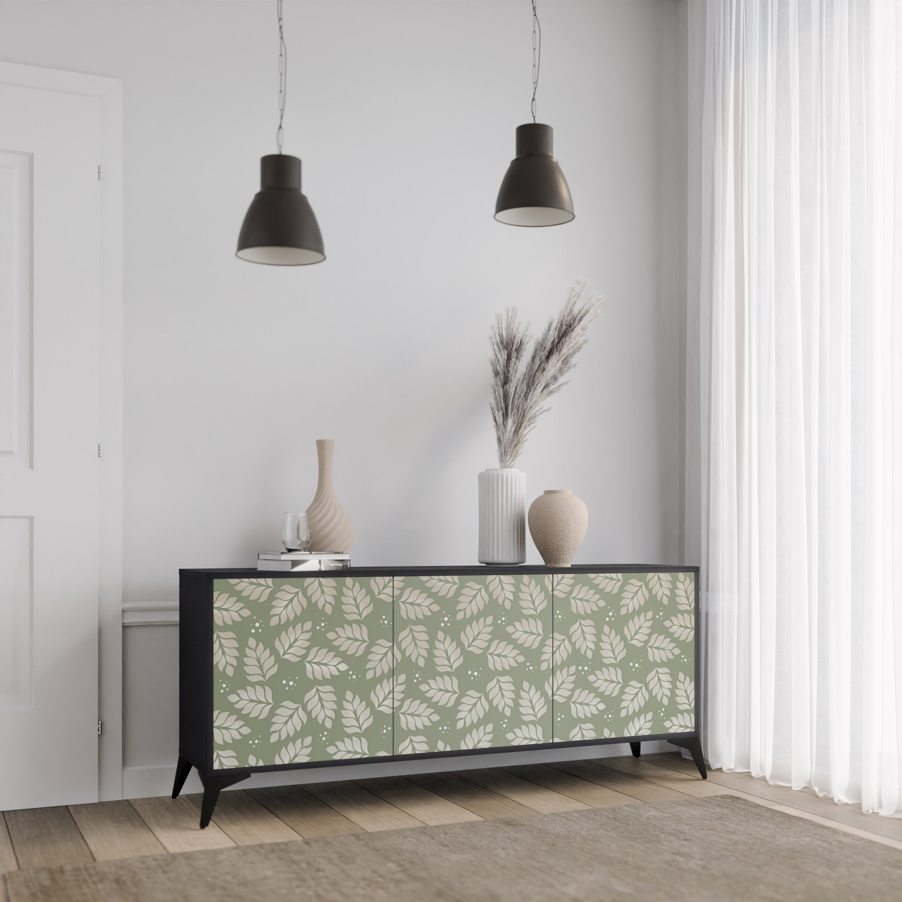 LEAVES ON GREEN 3-Door Sideboard in Black Finish