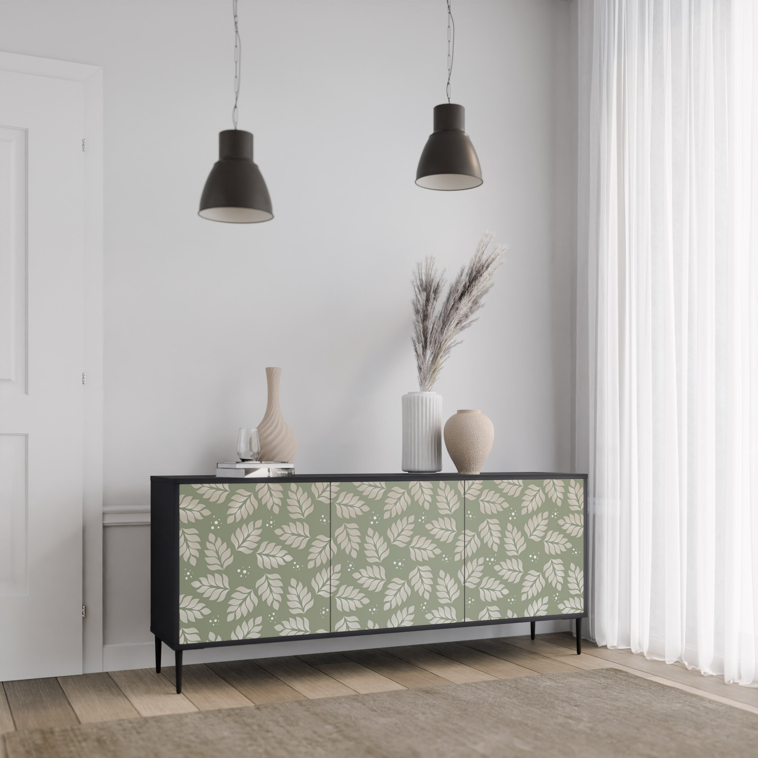 LEAVES ON GREEN 3-Door Sideboard in Black Finish