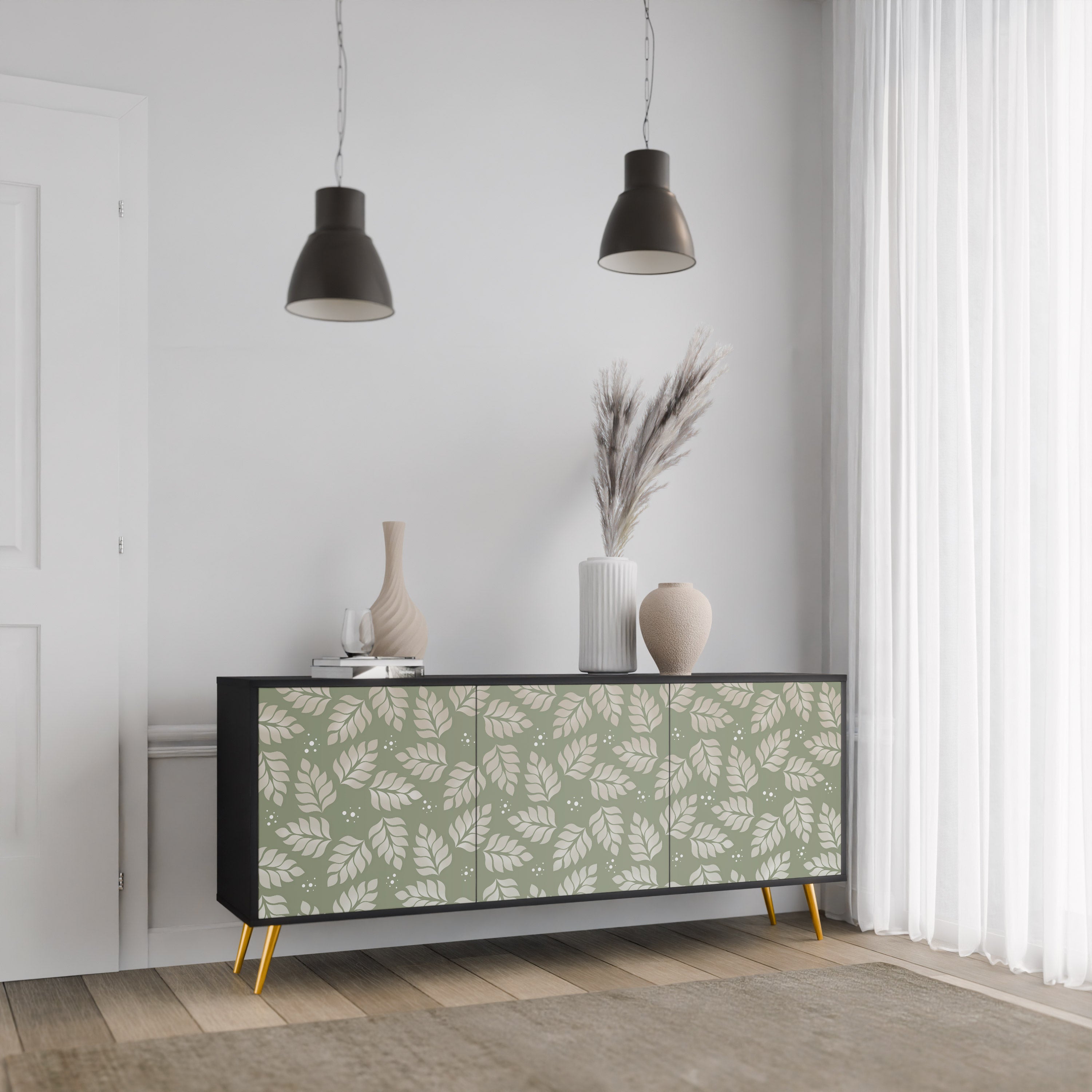LEAVES ON GREEN 3-Door Sideboard in Black Finish