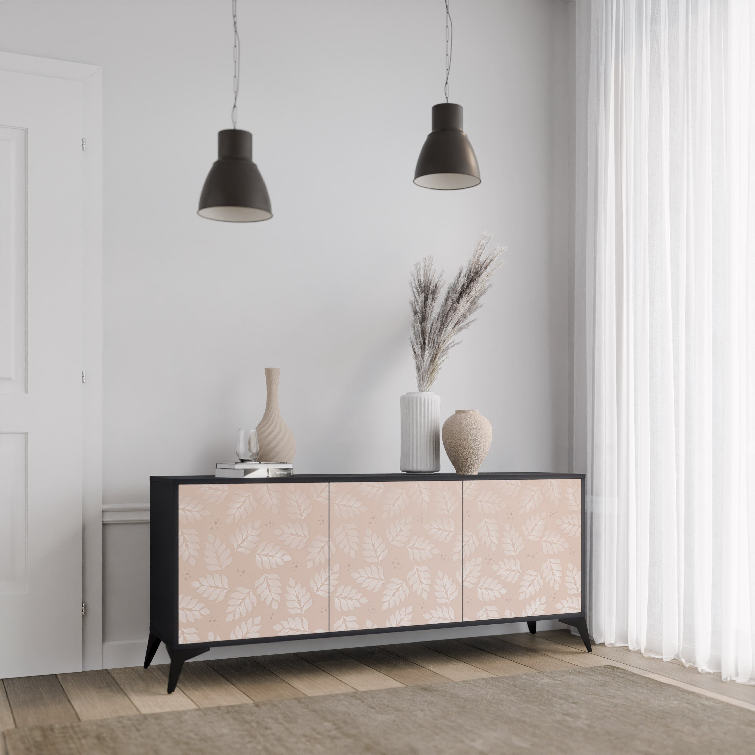 LEAVES ON BEIGE 3-Door Sideboard in Black Finish