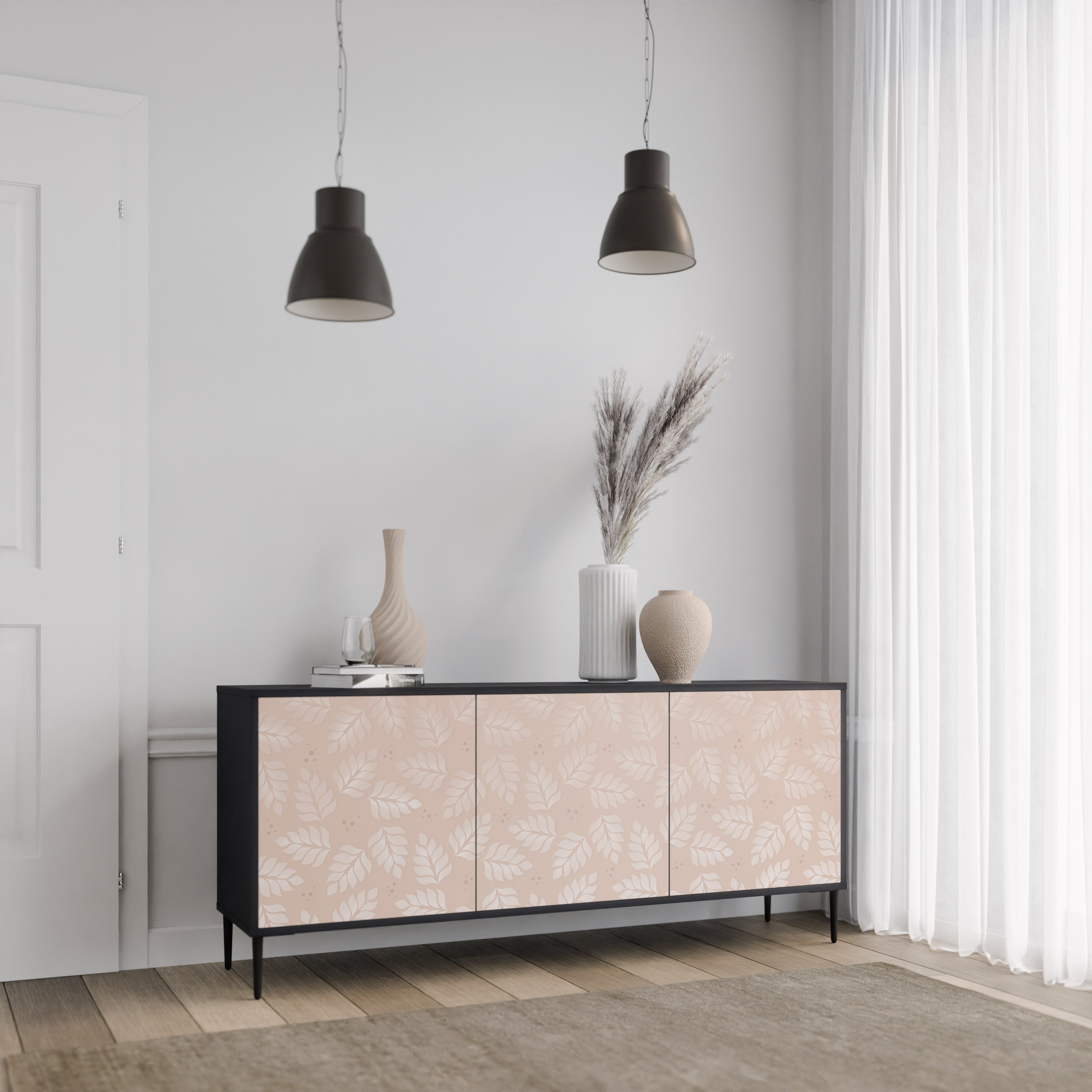 LEAVES ON BEIGE 3-Door Sideboard in Black Finish