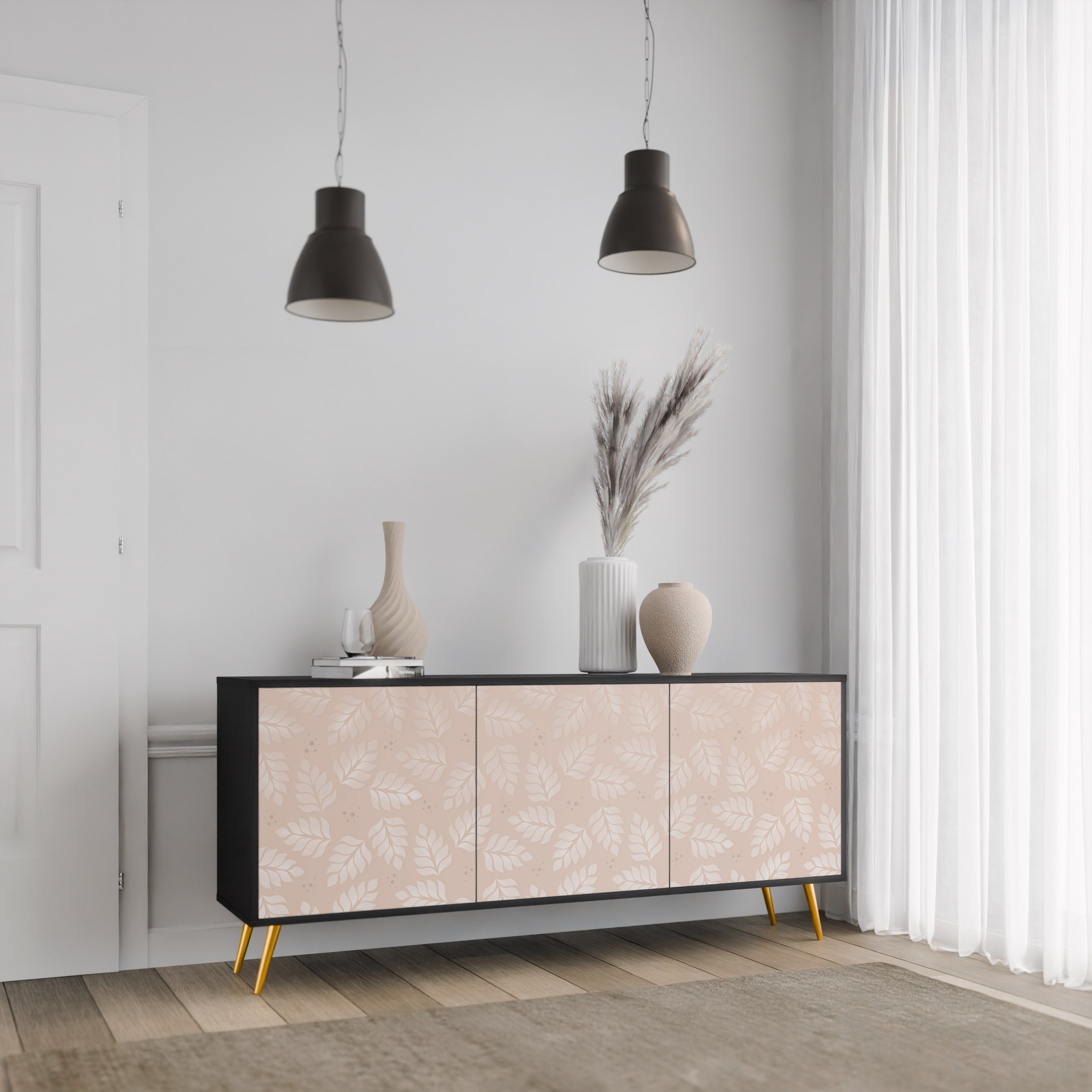 LEAVES ON BEIGE 3-Door Sideboard in Black Finish