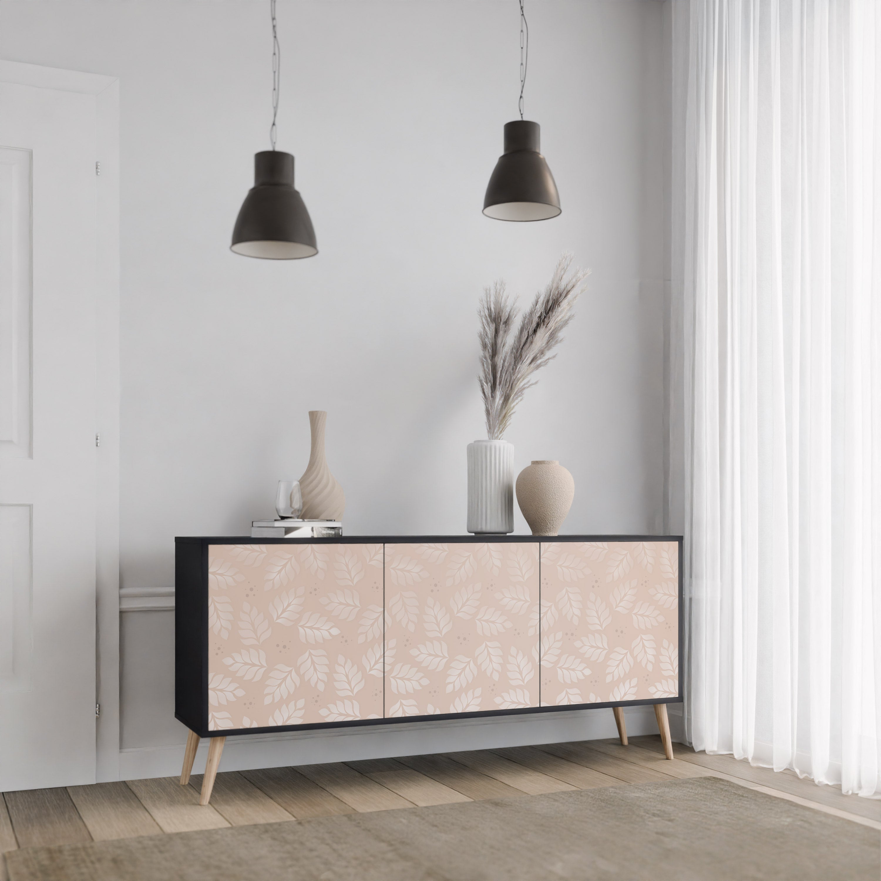 LEAVES ON BEIGE 3-Door Sideboard in Black Finish