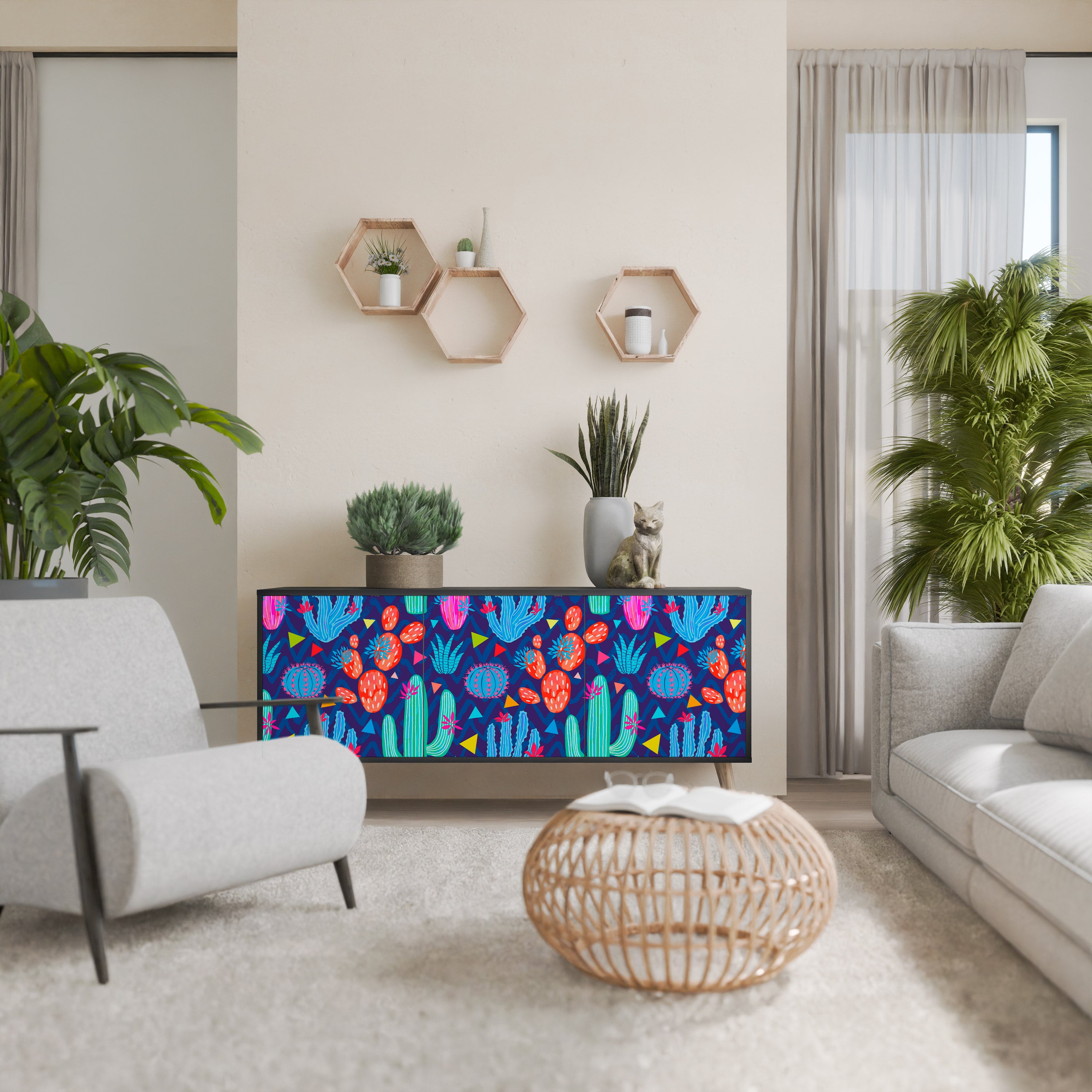 Aparador CACTUS VIBES de 3 puertas con acabado negro