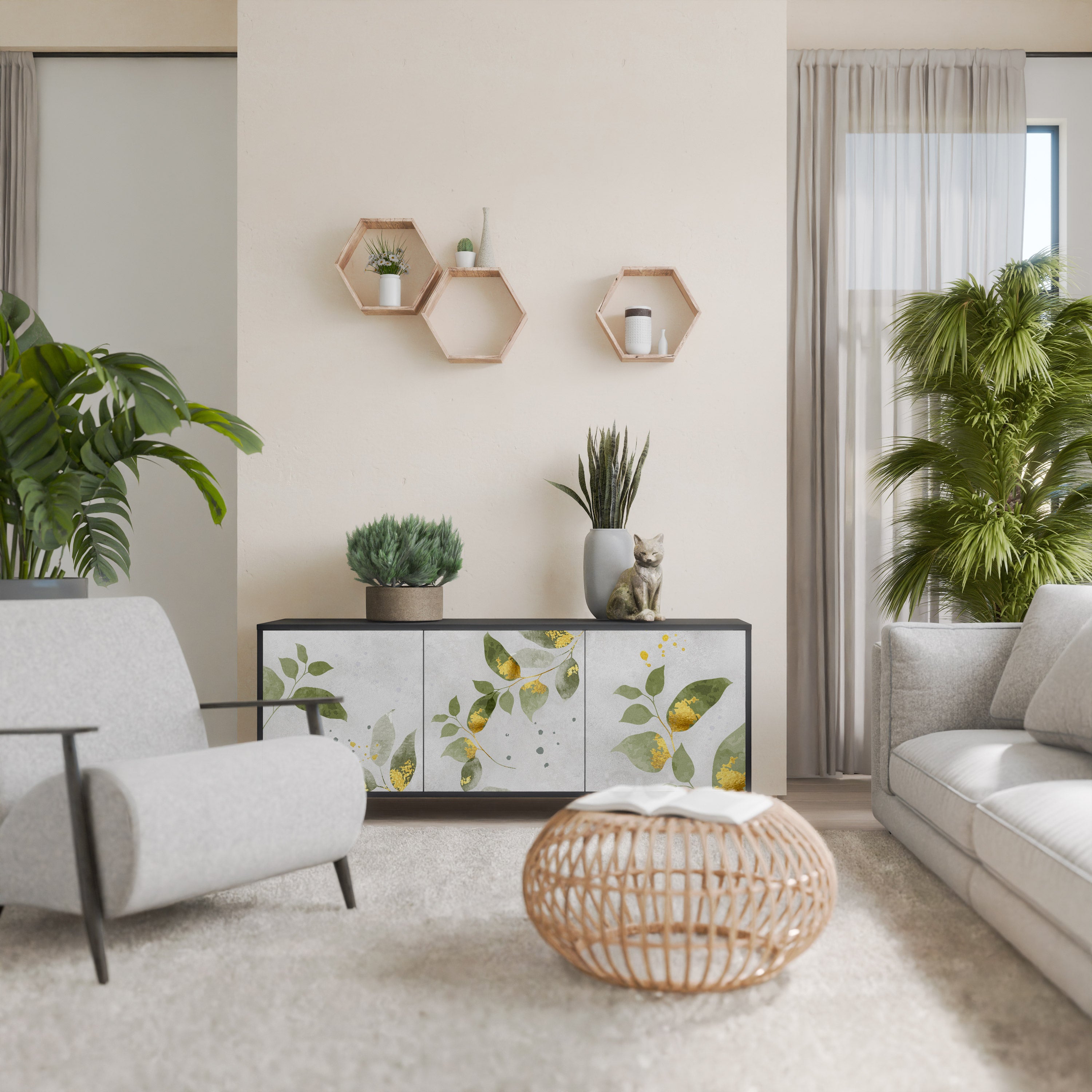 Aparador ELEGANT BOTANICS de 3 puertas con acabado negro