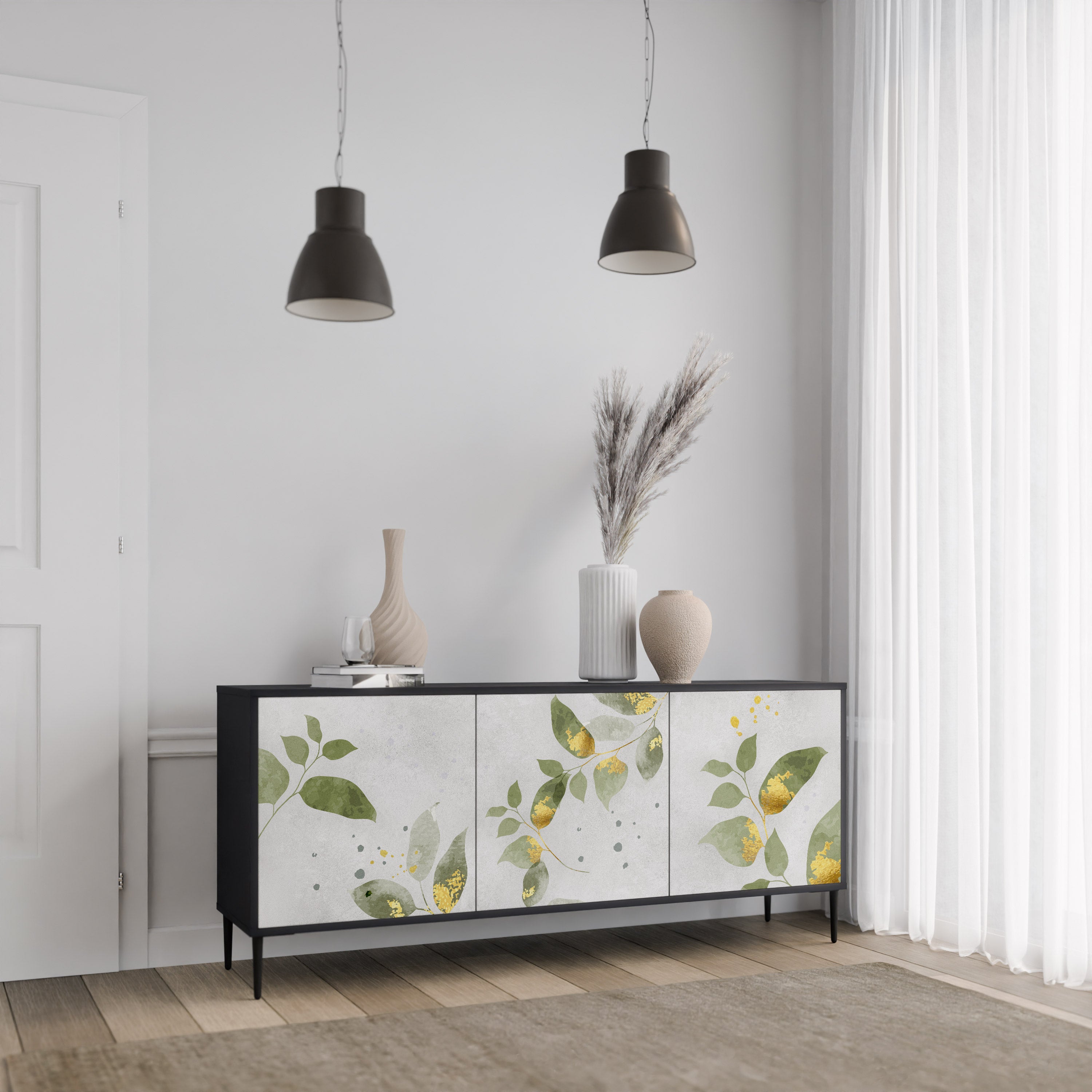 Aparador ELEGANT BOTANICS de 3 puertas con acabado negro