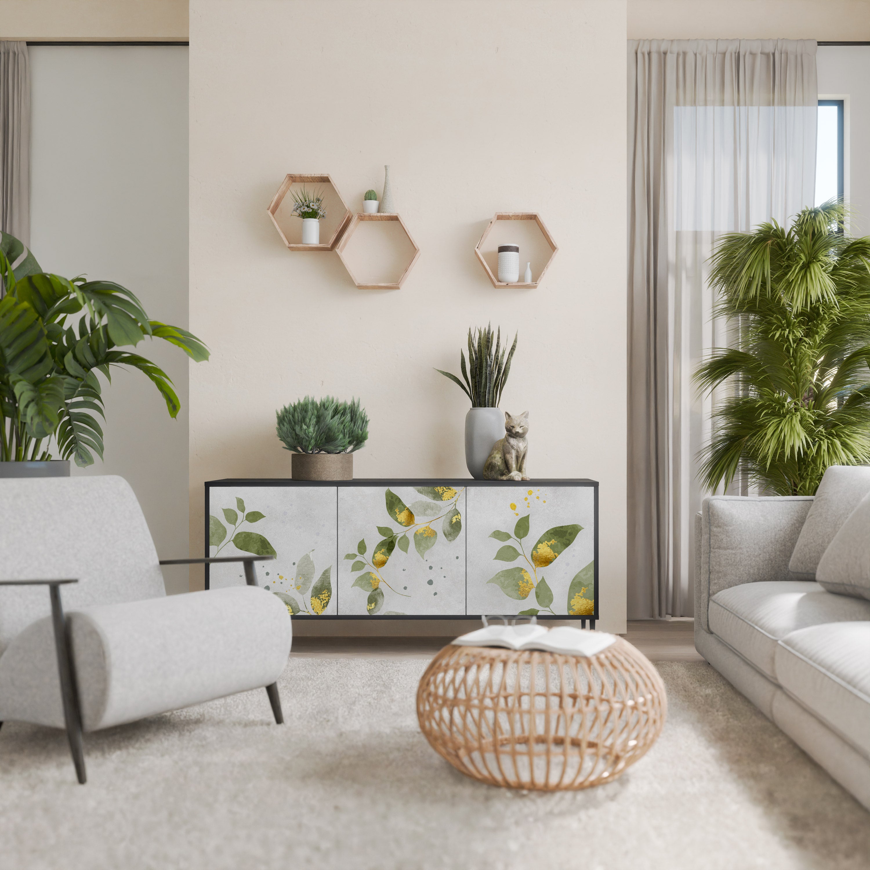 Aparador ELEGANT BOTANICS de 3 puertas con acabado negro