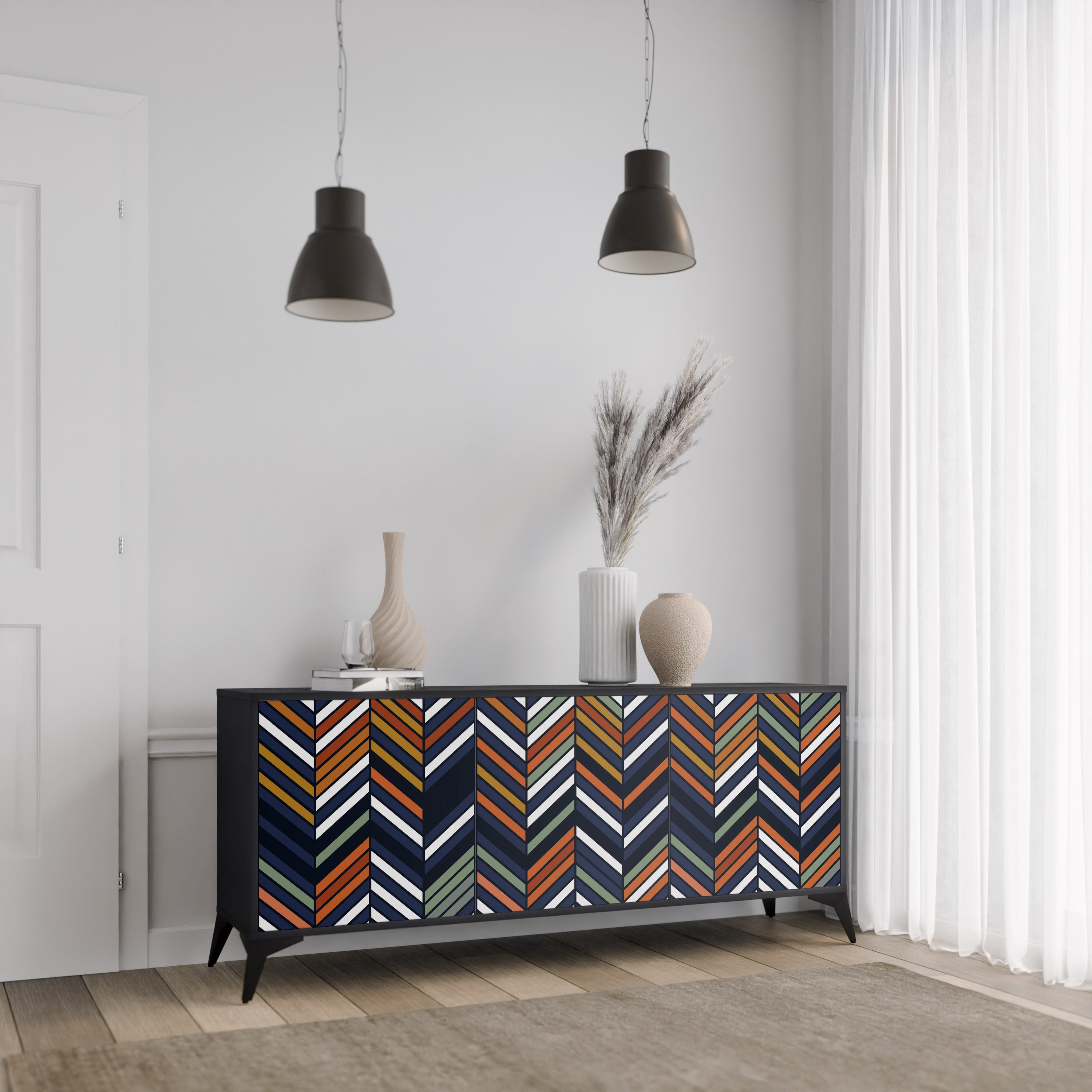 VIBRANT PATCHWORK 3-Door Sideboard in Black Finish
