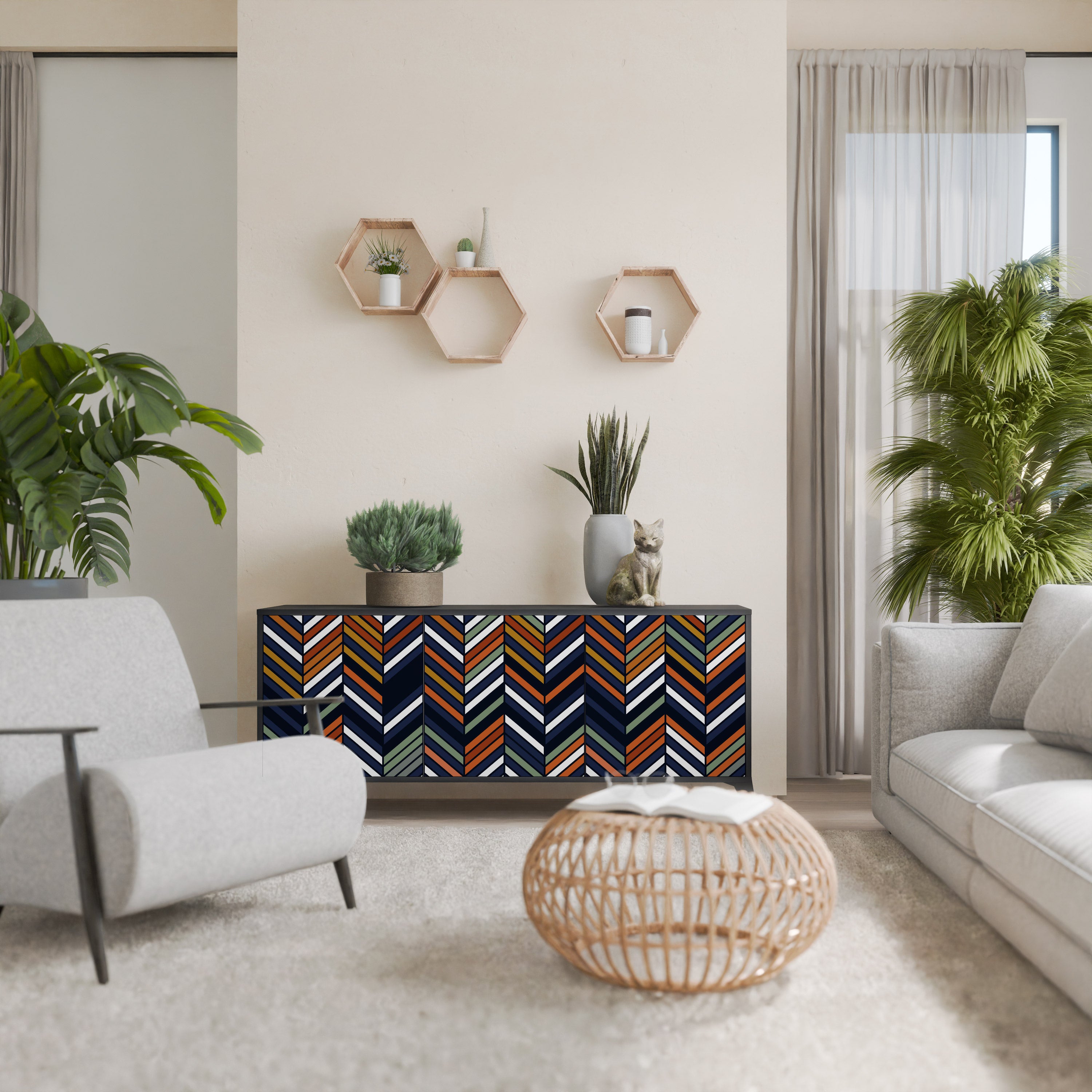 VIBRANT PATCHWORK 3-Door Sideboard in Black Finish