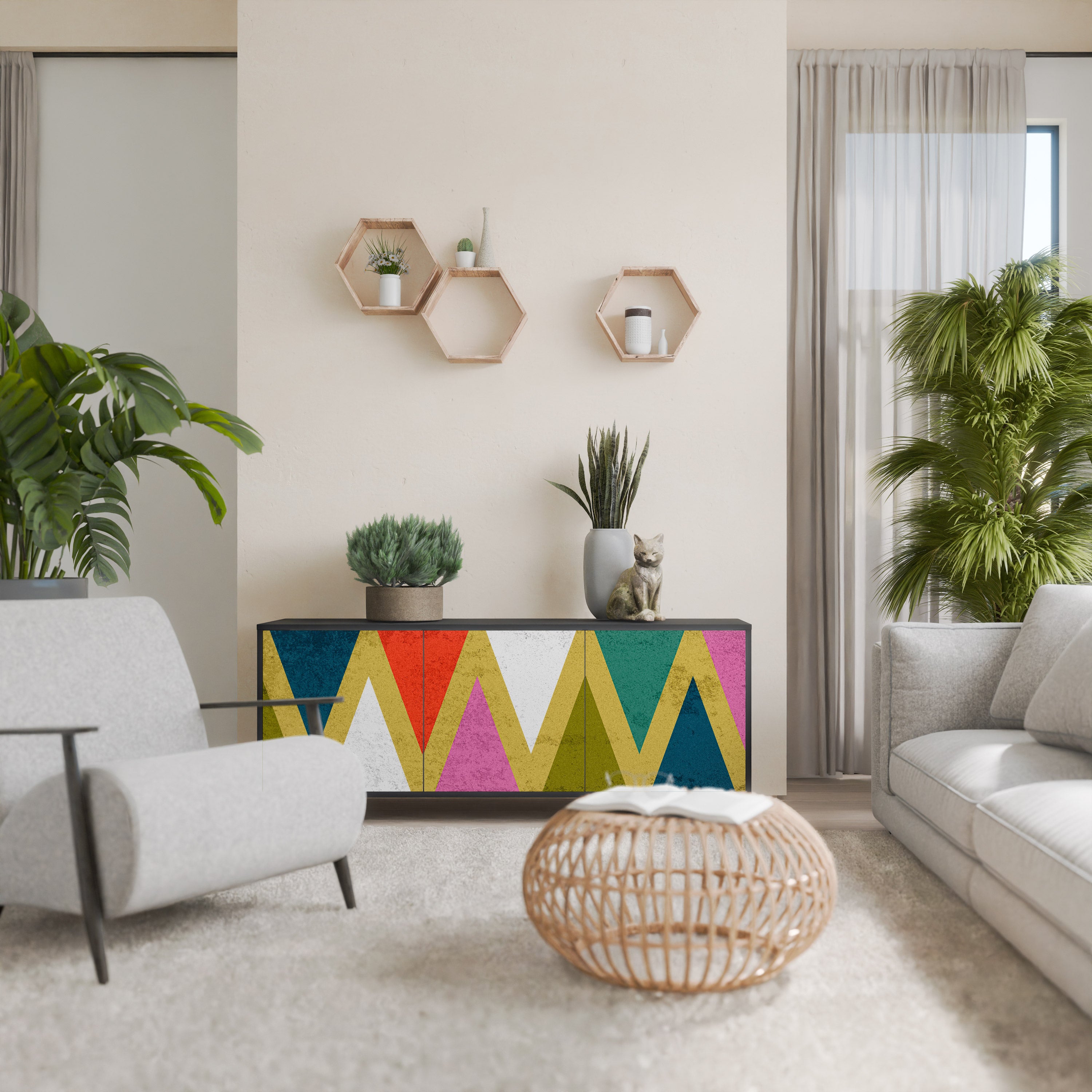 COLORFUL TRIANGLES 3-Door Sideboard in Black Finish