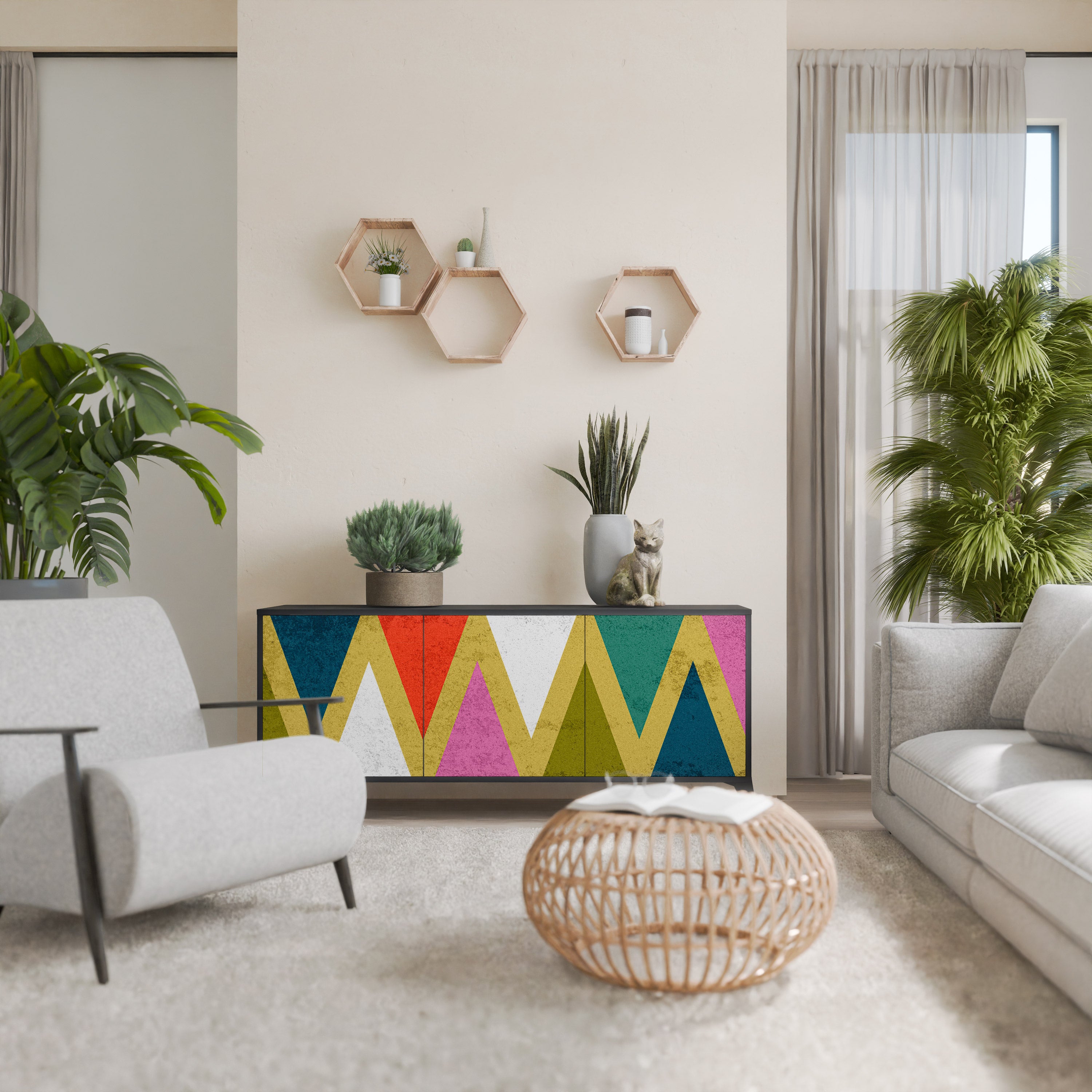 COLORFUL TRIANGLES 3-Door Sideboard in Black Finish