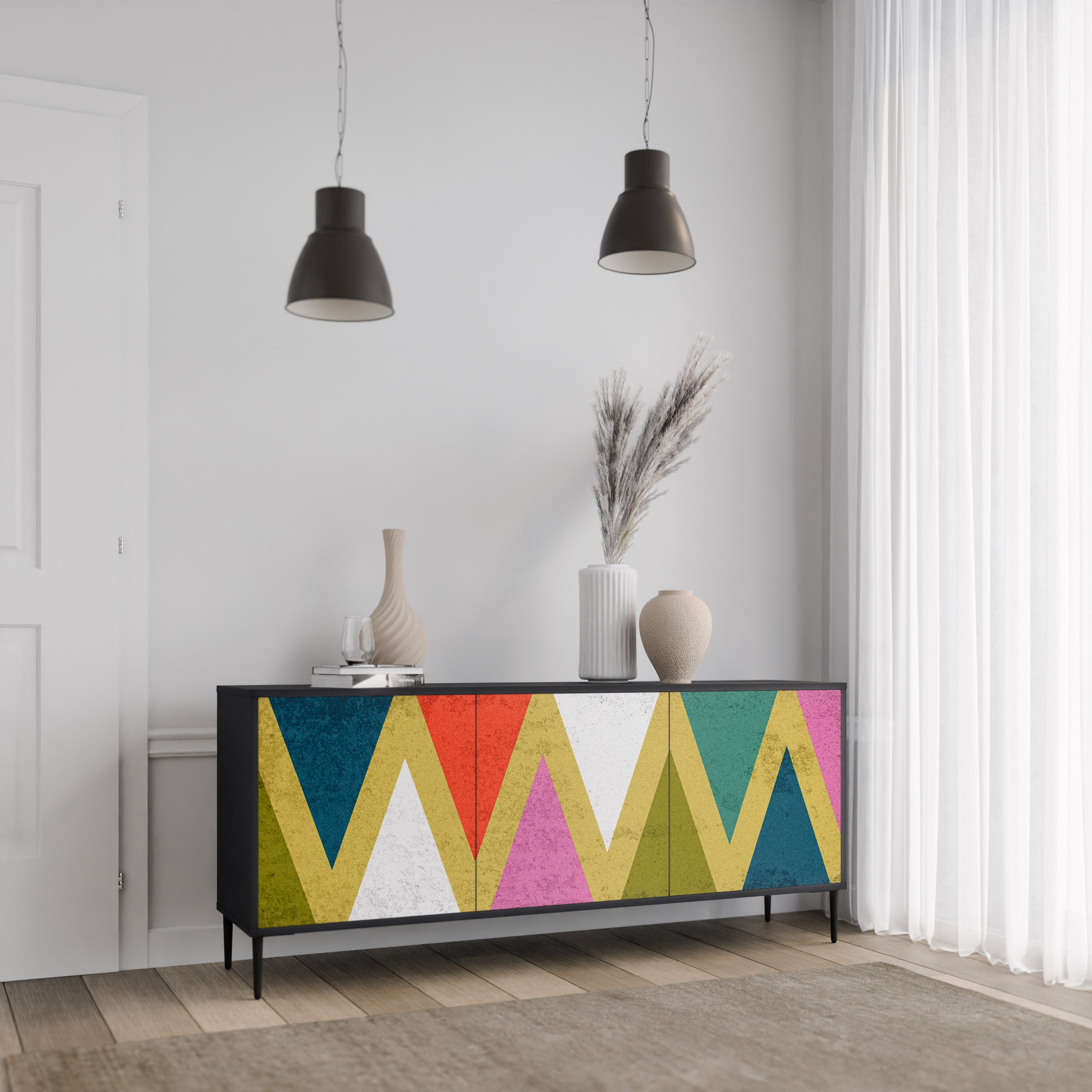 COLORFUL TRIANGLES 3-Door Sideboard in Black Finish